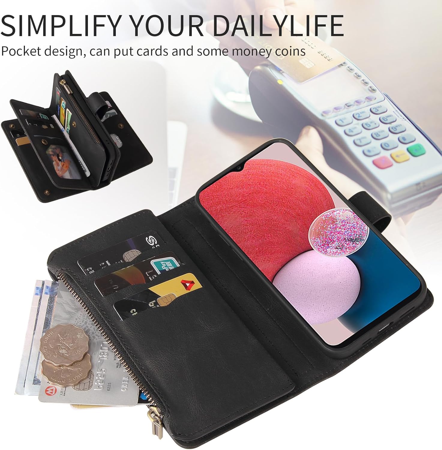Asuwish Funda de teléfono para Samsung Galaxy A13 4G Funda tipo cartera con protector de pantalla de vidrio templado y correa de muñeca de cuero con