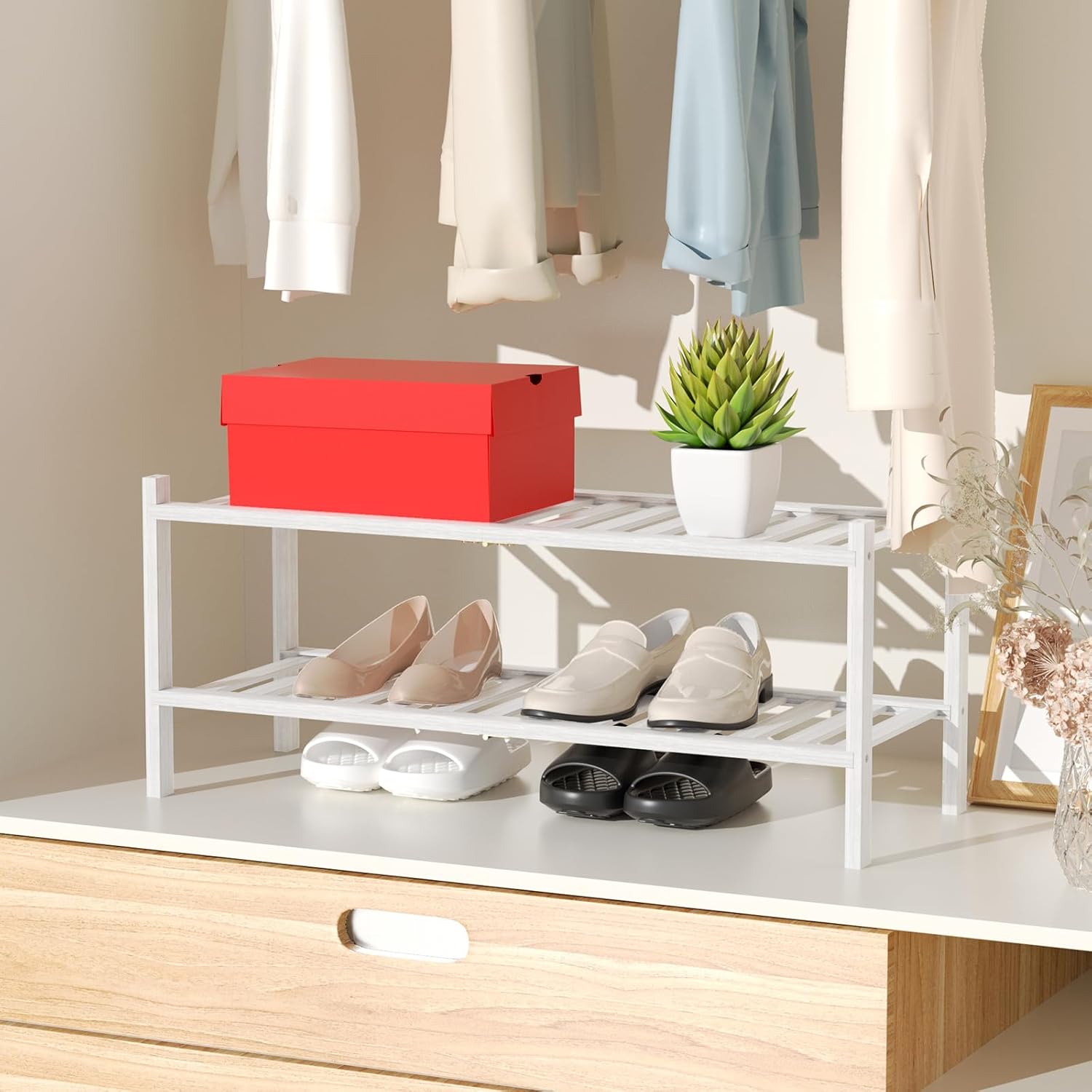 Zapatero de bambú natural de 2 niveles  Estante de almacenamiento apilable con combinaciones multifunción  Zapateros independientes para una cómoda