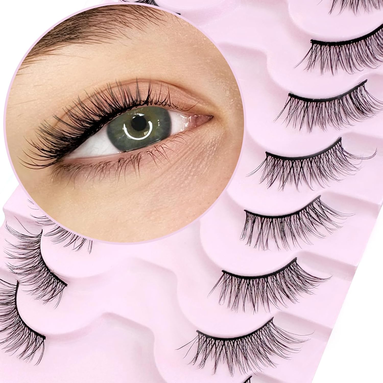 SLSXNL Pestañas postizas de aspecto natural, con banda negra, esponjosas, ojo de gato, 10 pares reutilizables de media pestaña