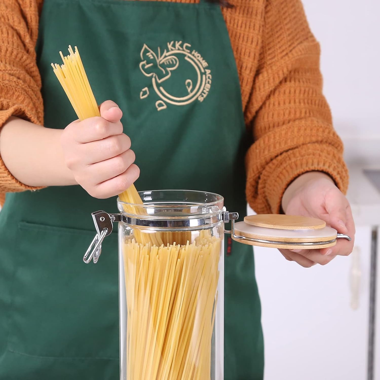 Tarros de vidrio de borosilicato transparente con abrazadera de bloqueo hermético, tapas de bambú para cocina, sin BPA