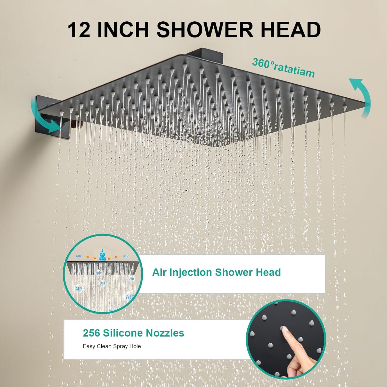 Sistema de ducha negro mate con cabezal de ducha cuadrado de 12 pulgadas y rociador de mano, juego combinado de accesorios de ducha de baño de alta