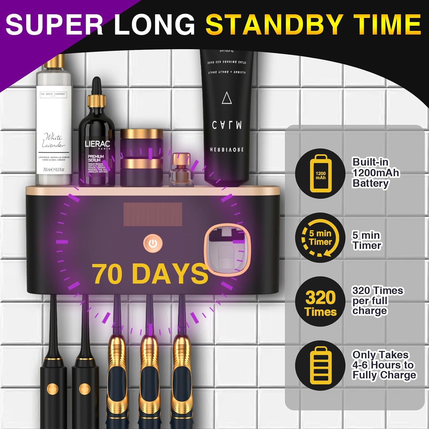 Porta cepillos de dientes para baños con desinfectante de cepillos de dientes UV, soporte para cepillos de dientes montado en la pared con