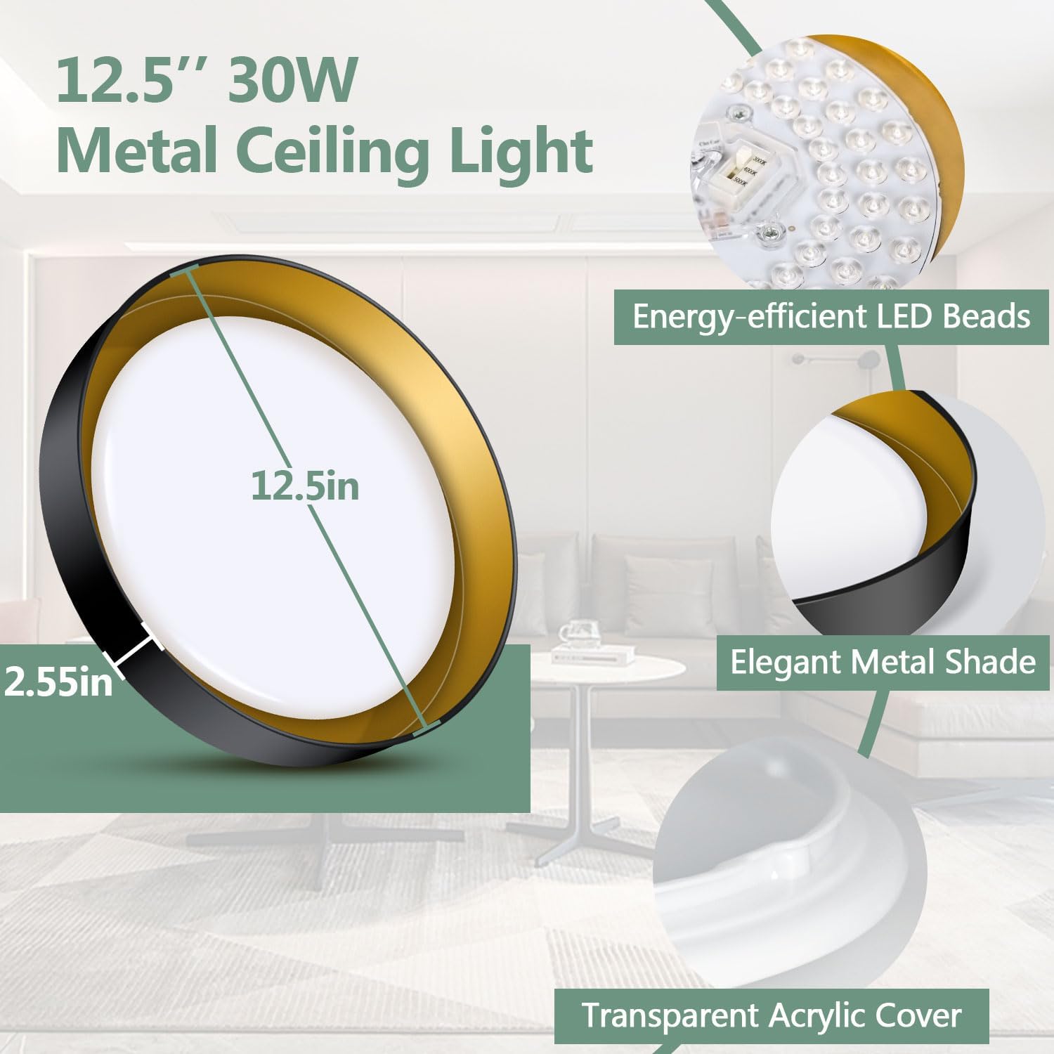 Lámpara de techo LED de montaje empotrado, 12.5 pulgadas, 30 W, equivalente a 375 W, color negro con luz de techo interior dorada regulable – 3CCT