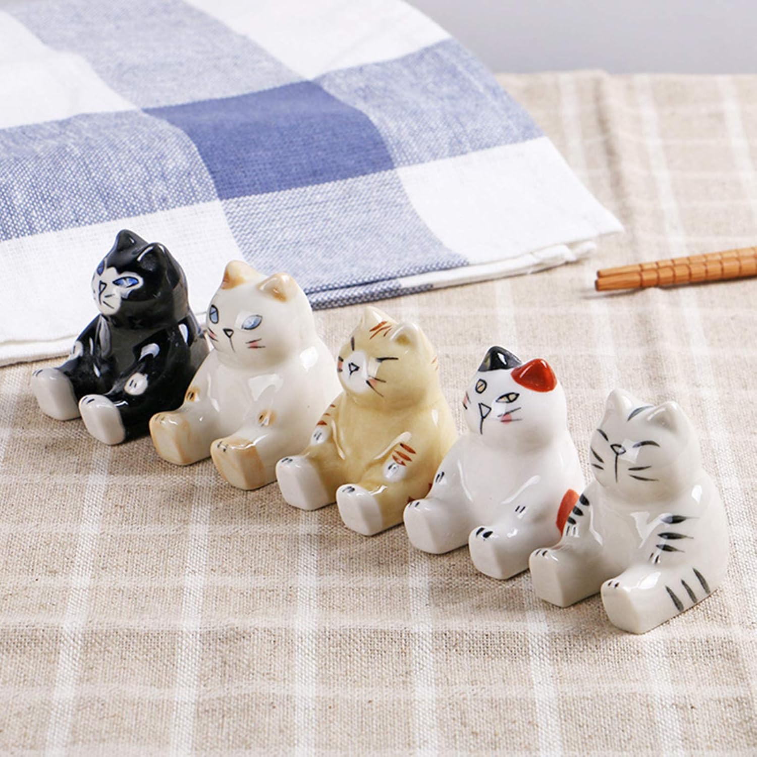 5 pares de palillos de bambú de estilo japonés y reposo, juego de palillos de gato gordo de dibujos animados, juego de regalo clásico de simplicidad