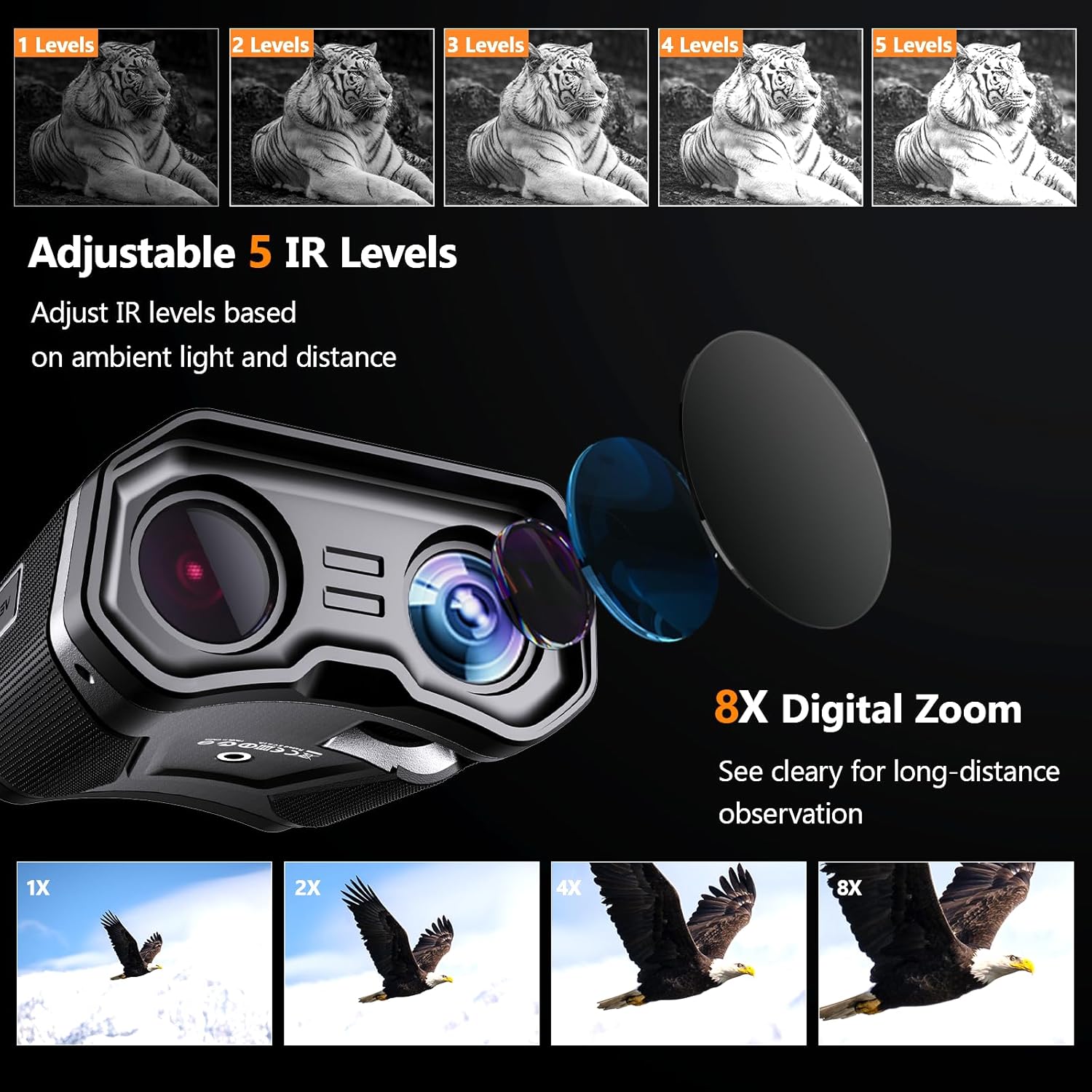 Gafas de visión nocturna  Prismáticos de visión nocturna 4K para adultos, pantalla grande, prismáticos infrarrojos digitales recargables de 3