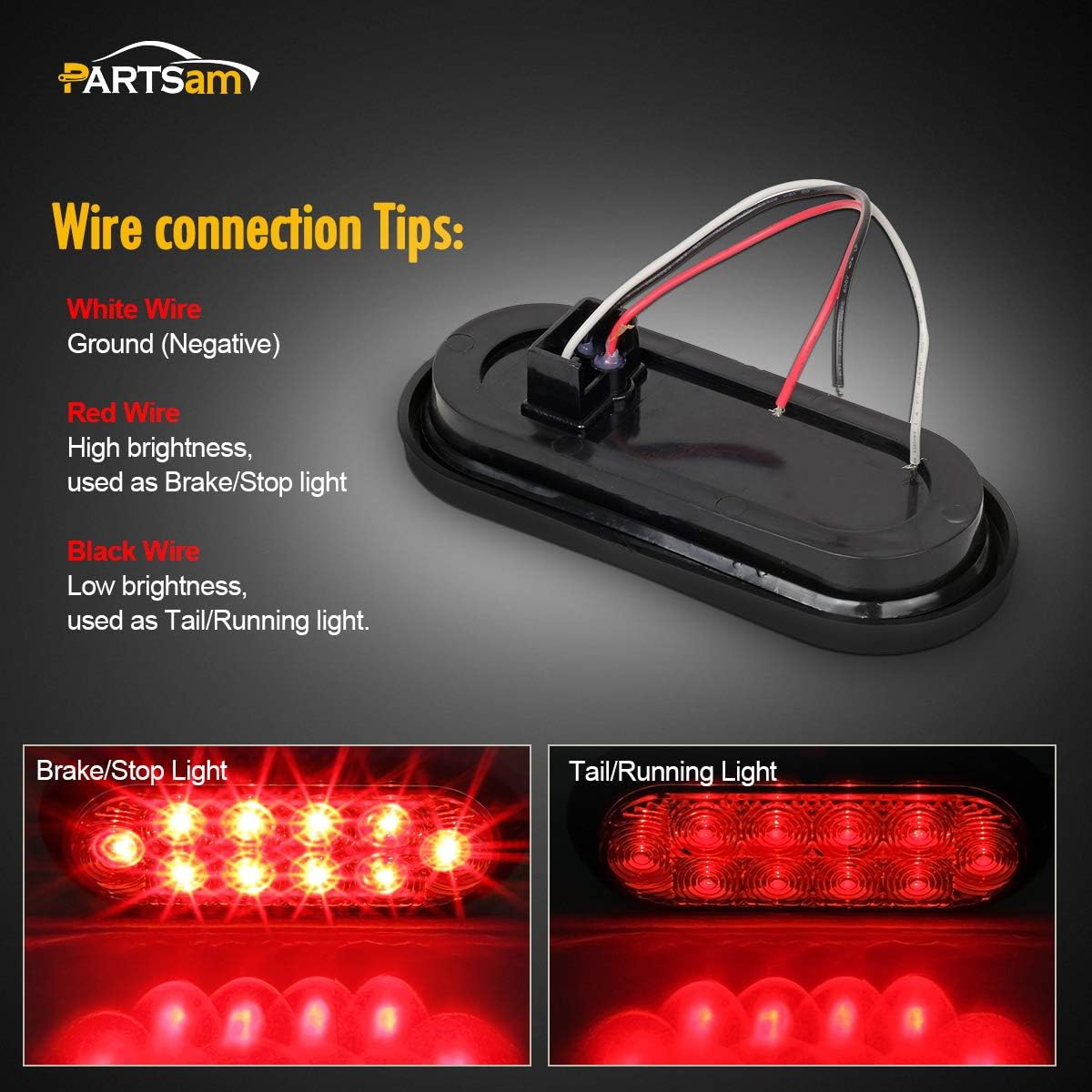 Partsam 6 luces de freno traseras ovaladas rojas de 10 diodos de 6 pulgadas con arandela + montaje empotrado, luces traseras de remolque ovaladas de