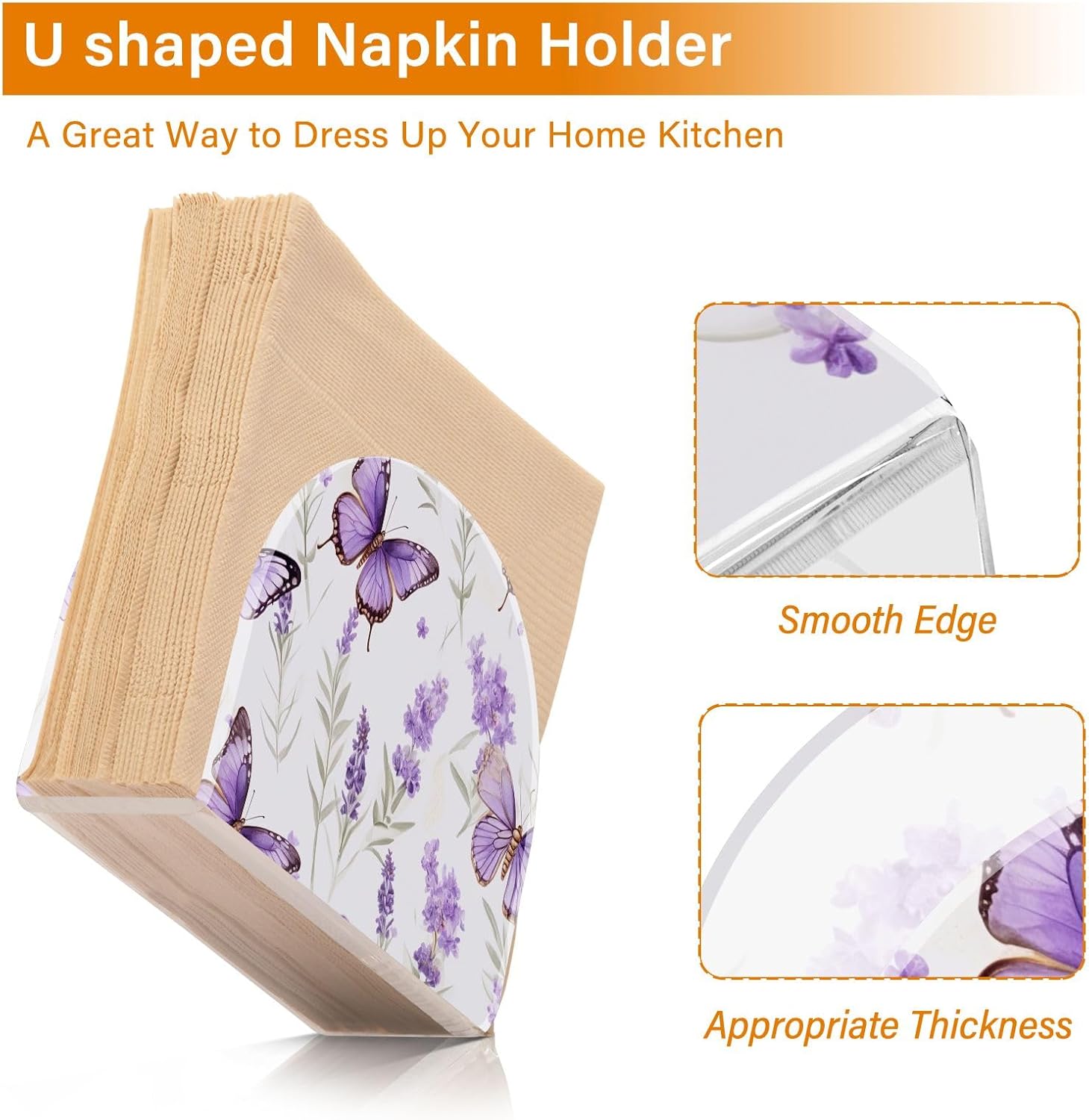 Servilleteros de mesa con mariposas y flores de lavanda para mesa, paquete de 2, soporte decorativo de acrílico para servilletas de cóctel, soporte