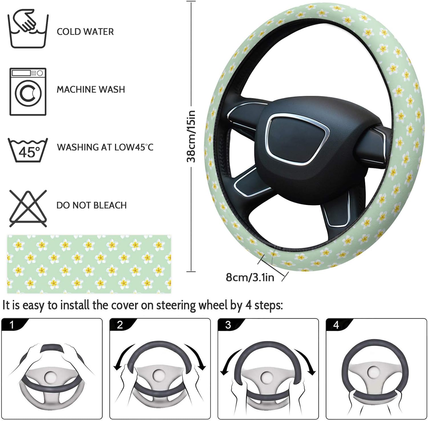 Funda protectora para volante de automóvil, funda protectora elástica de plumeria floral verde para vehículos, camiones, SUV, accesorios