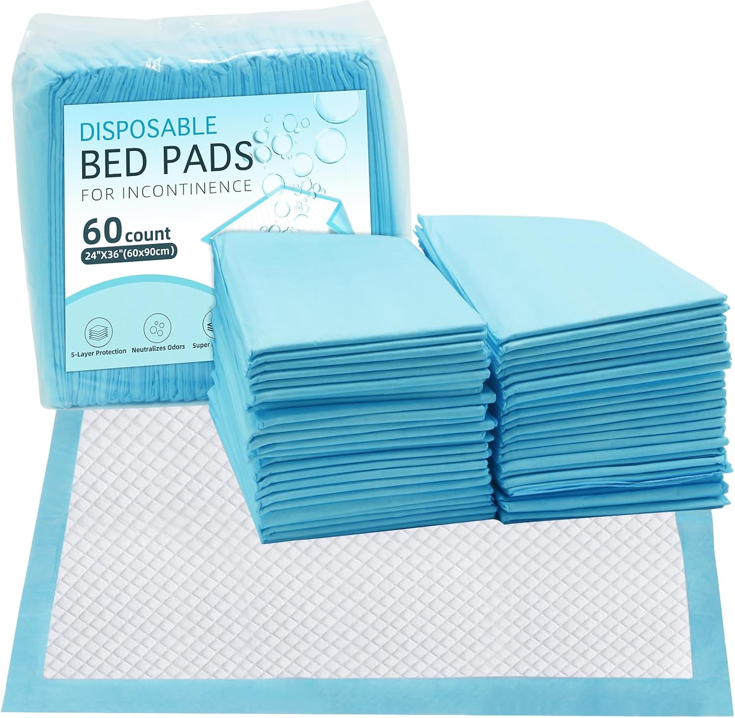 Almohadillas de cama desechables para incontinencia de 24 x 36 pulgadas, 60 unidades, almohadillas desechables para adultos, ultra absorbentes, 1.59