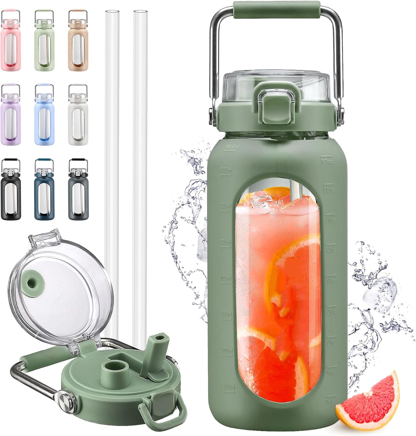 Botella de agua de vidrio de 64 onzas, botella de agua potable de vidrio con popote y mango de acero inoxidable, botella de agua motivacional de