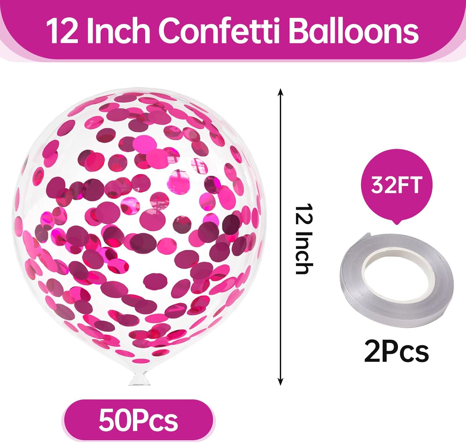 50 globos de confeti de papel de aluminio color rosa intenso, globo de látex de 12 pulgadas con confeti rosa intenso en el interior para cumpleaños,