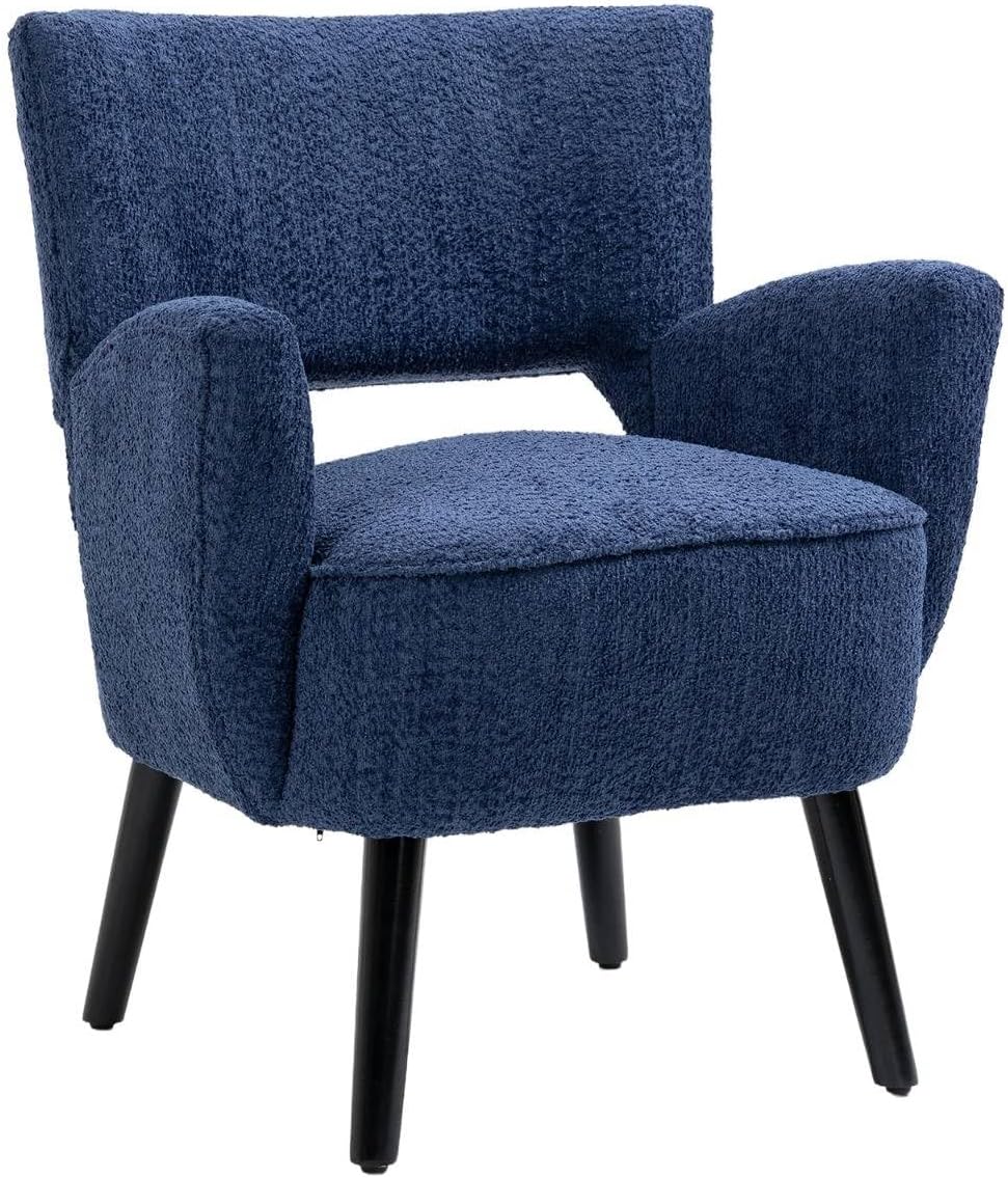 Silla decorativa de tela con asiento tapizado, moderna y elegante silla de sala de espera con brazos de madera maciza, color azul claro