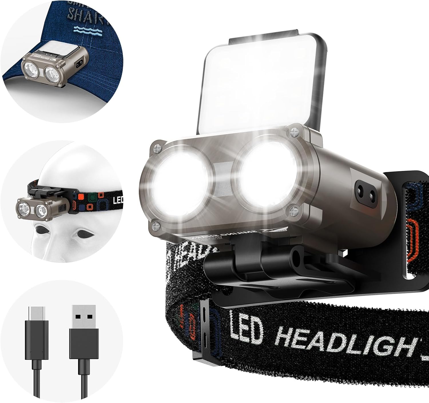 Smiling Shark Luz LED con clip, faro USB recargable impermeable con 2 tipos de luz blanca y roja compacta y portátil con sensor de movimiento para