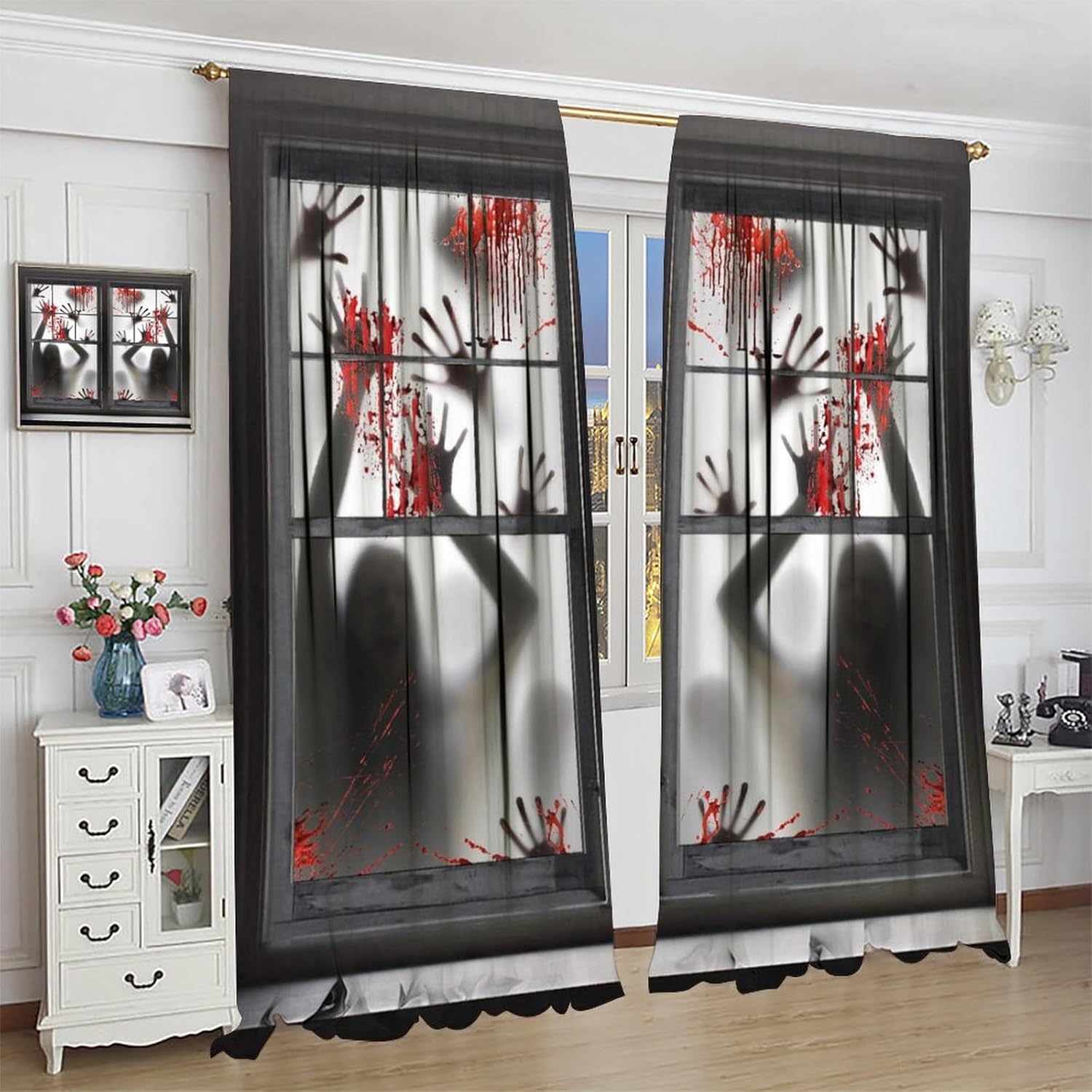 Cortinas de Halloween para decoración de casa embrujada de terror, manos de zombi aterradoras, tratamiento de ventana de esqueleto de Halloween,
