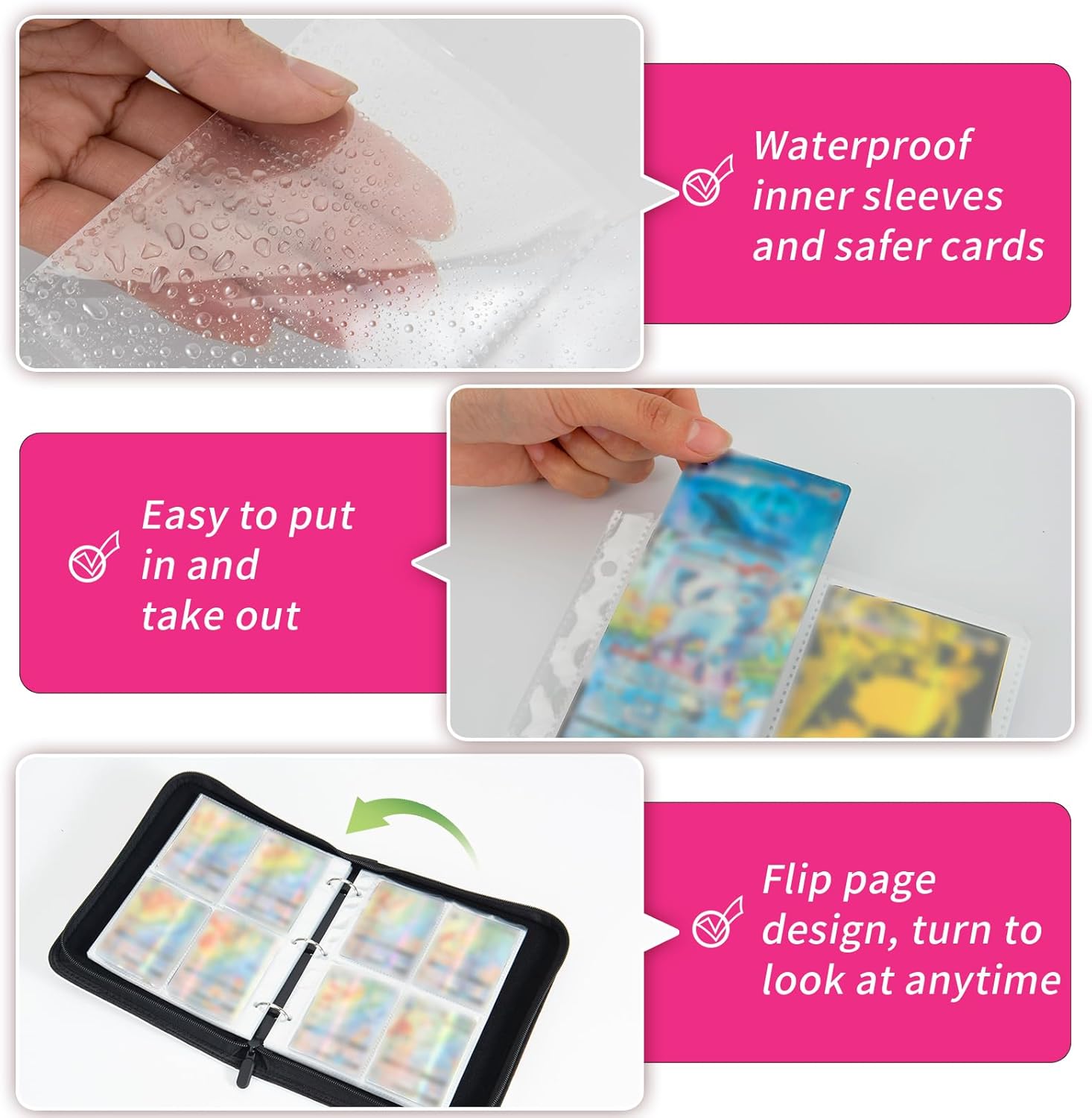 Carpeta de tarjetas de fútbol con 50 fundas extraíbles para 400 tarjetas, 4 bolsillos con cremallera y asa de transporte, carpeta de álbum de