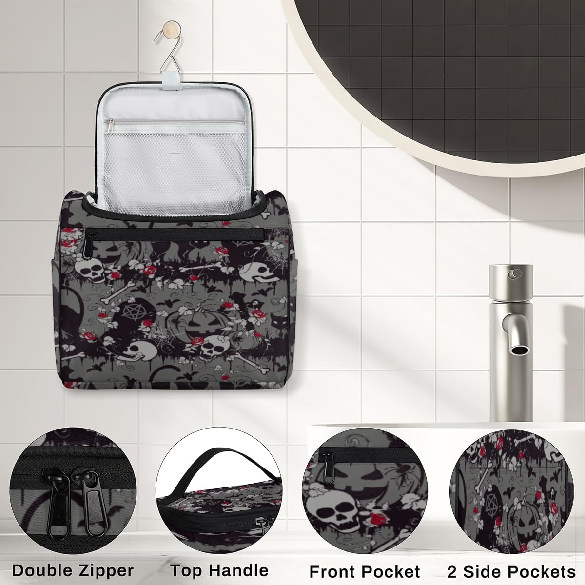 Neceser colgante para mujer, gótico de Halloween, bolsa de maquillaje de gran capacidad con gancho para colgar, bolsa de cosméticos portátil de