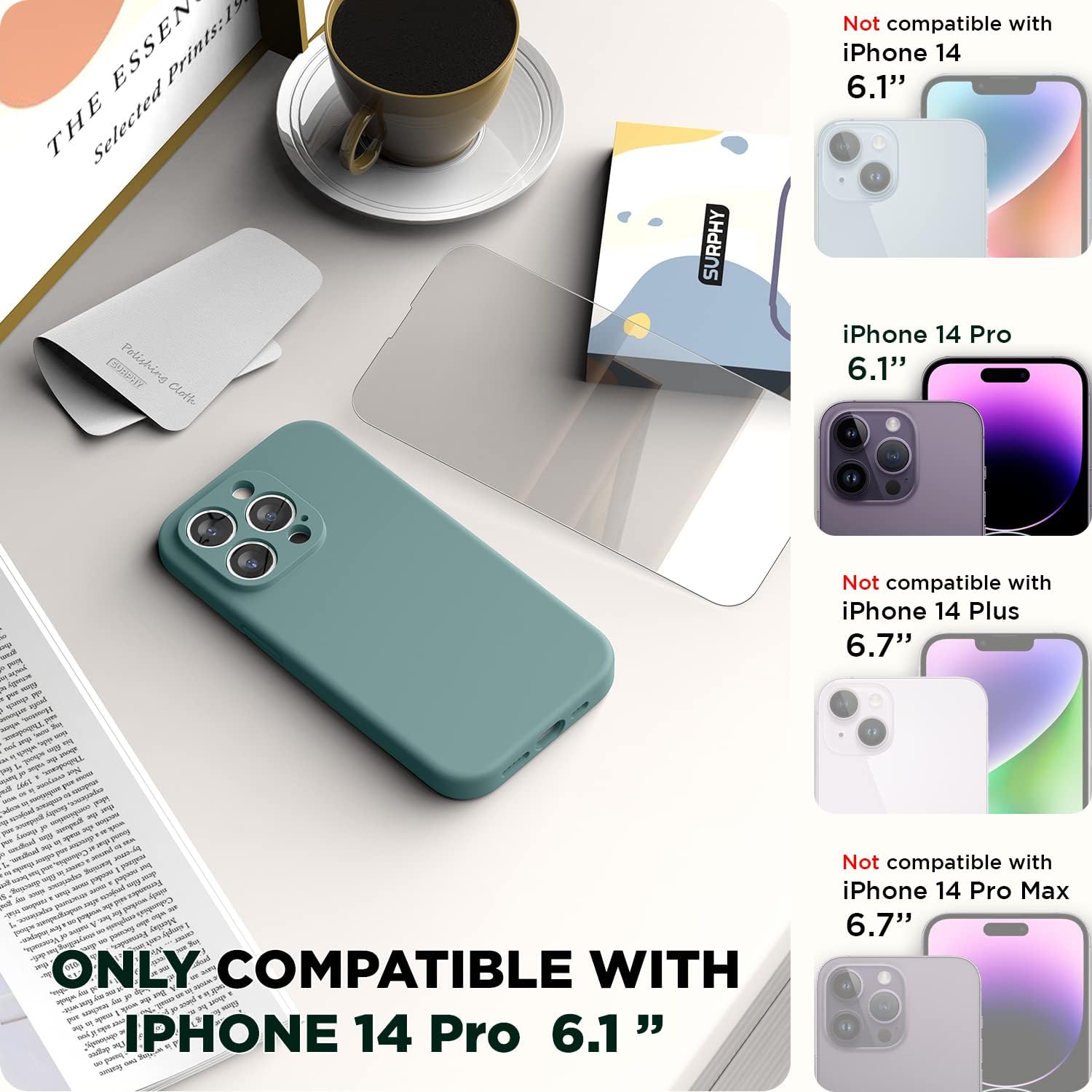 SURPHY Funda diseñada para iPhone 14 Pro con protector de pantalla, (protección de cámara y forro de microfibra suave), funda de silicona líquida,
