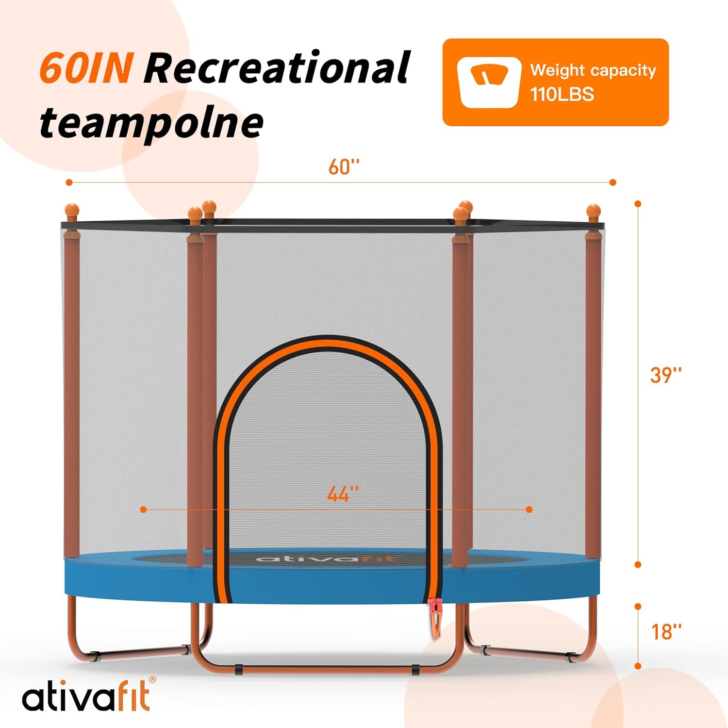 Ativafit Trampolín de rebote de 60 pulgadas para interiores y exteriores para niños de 1 a 8 años, trampolín recreativo de 5 pies con red de