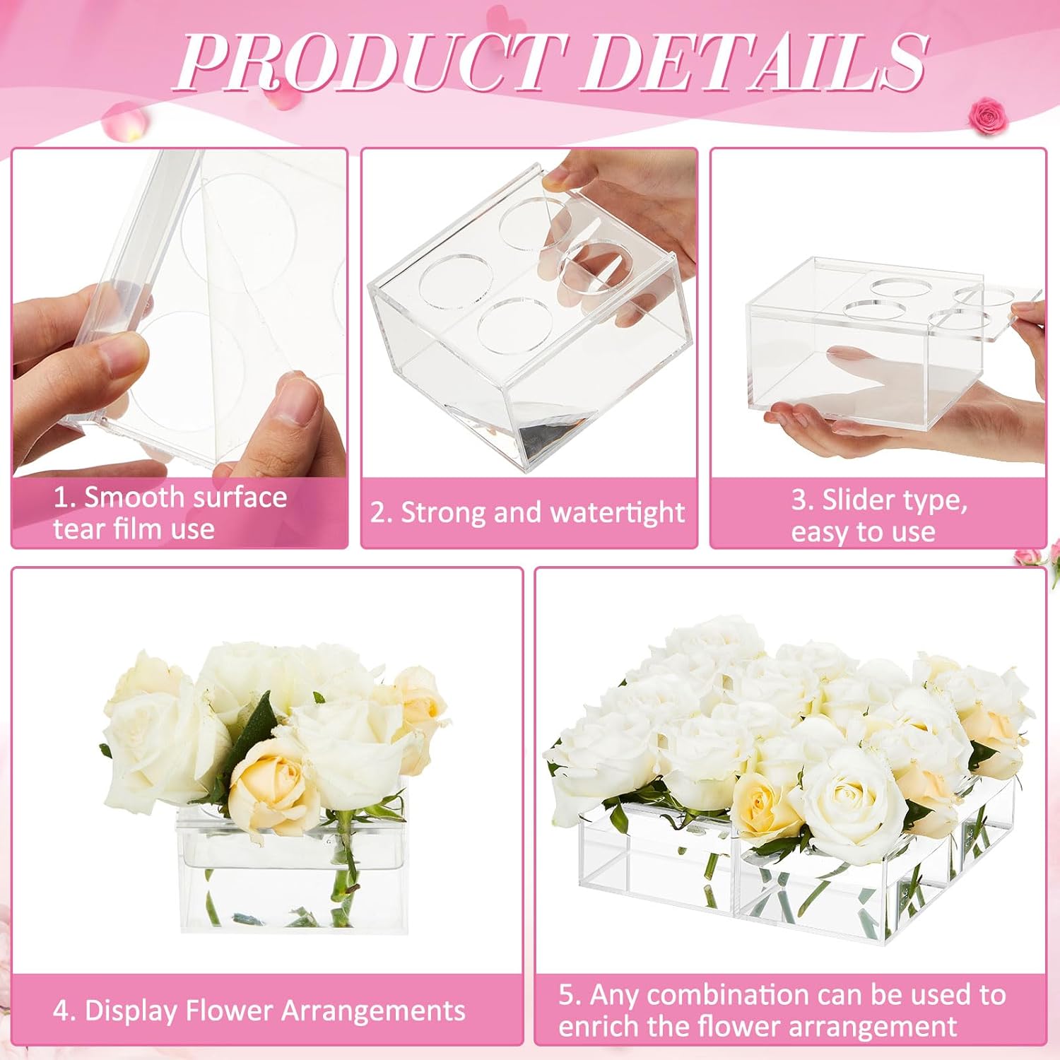 Jarrón de flores de acrílico, centro de mesa rectangular floral para mesa de comedor, moderna caja de flores acrílicas, florero rectangular