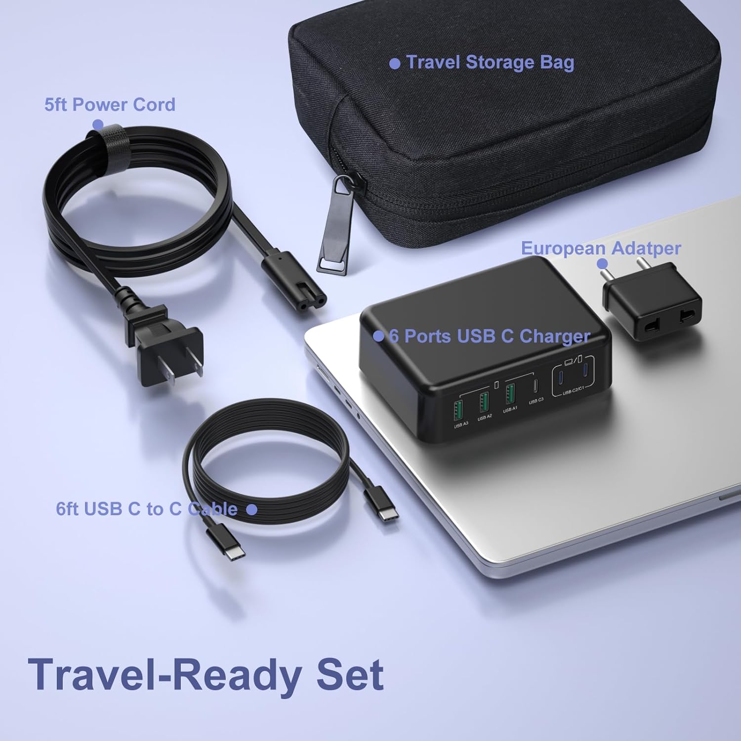 Cargador USB C de 165 W con cable USB C a C de 6 pies, Excgood GaN 6 puertos múltiples USB estación de carga rápida de 65 W tipo C, bloque de