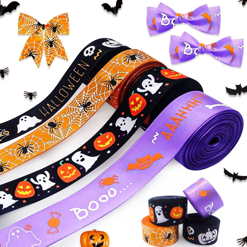 4 cintas de Halloween para manualidades, cintas impresas de araña de calabaza de Halloween, cinta de satén negro y naranja de 45 pulgadas de ancho