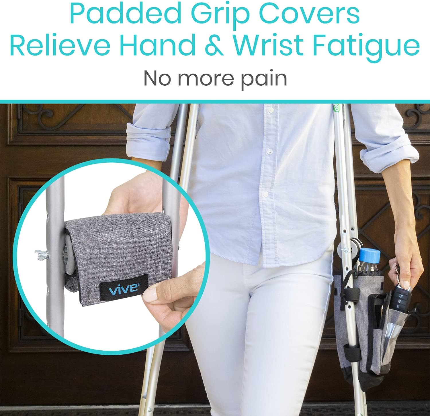 Vive Bolsa de accesorios para muletas y cojines de agarre de mano, bolsa premium resistente al agua para muletas, con soporte para bebidas, 3