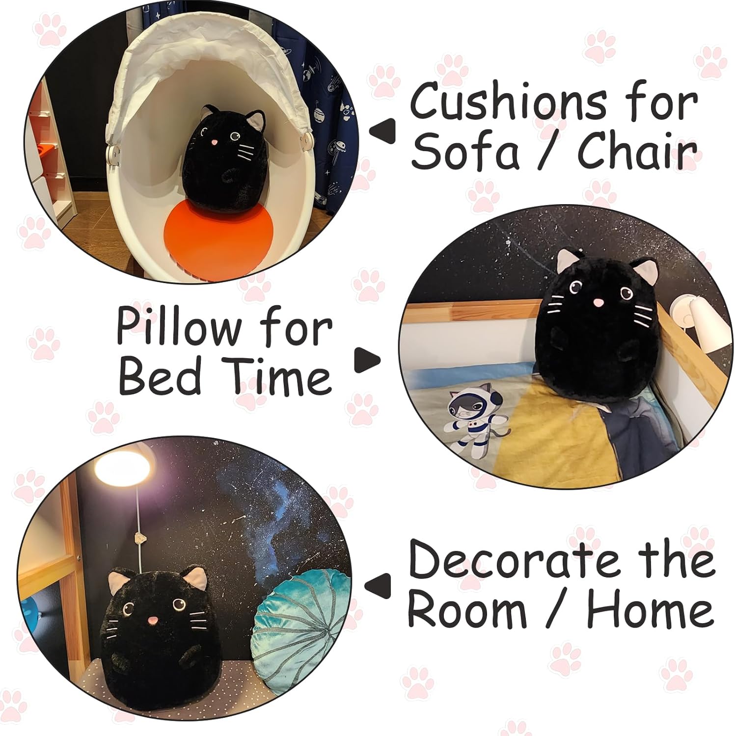 WEIGEDU Gatito negro de peluche con ojos bordados para niño y niña, decoración de Halloween, cojín de almohada, sofá, regalos de inauguración de la