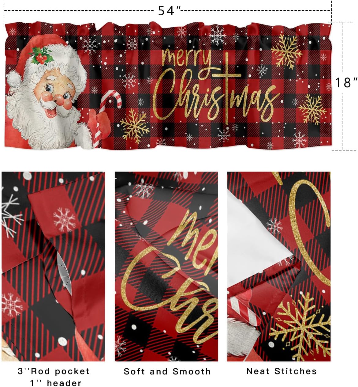 Cenefa de Navidad para ventanas, cenefas de Papá Noel, cenefa con bolsillo para barra, tratamientos de ventana, cortinas cortas a cuadros rojos para