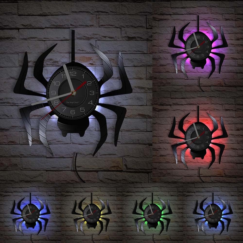 Timethink Reloj de pared LED de araña negra de 12 pulgadas con 7 colores cambiantes, tarántula silenciosa, cuarzo, sin tictac, reloj de pared,