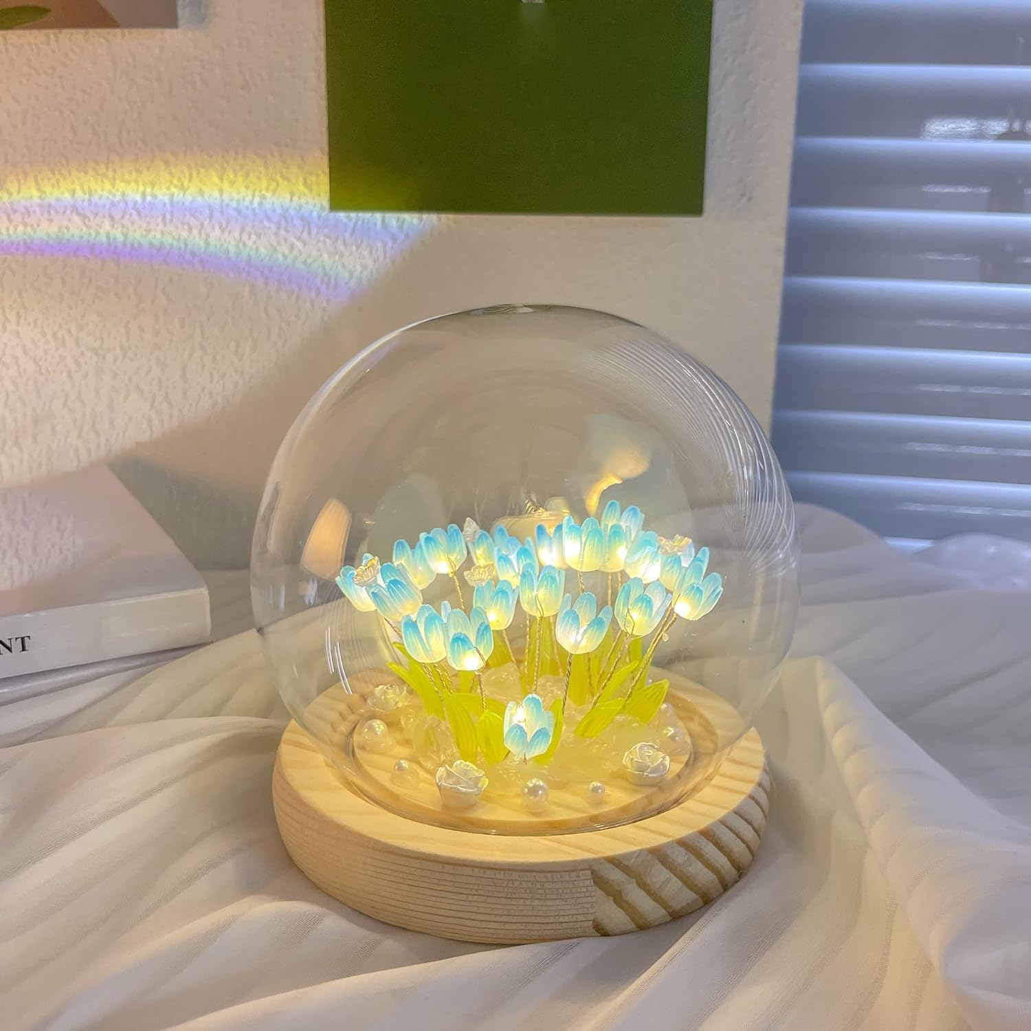 Luz nocturna de tulipán DIY, decoración de muebles hecha a mano, 13 flores, flores de simulación azul, lámpara de mesa para dormir, ornamento de