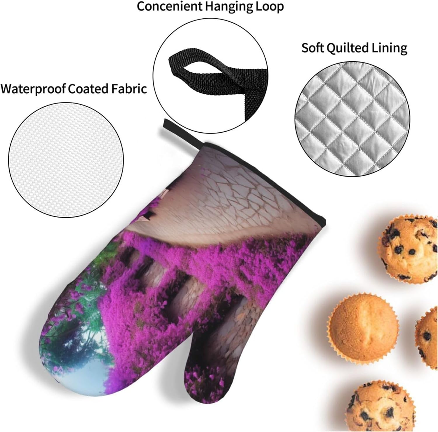 Purple Floral Blooming Path Print Oven Mitts and Pot Holders Heat Resistant Oven Gloves and Hot Pads Gloves Set for Baking