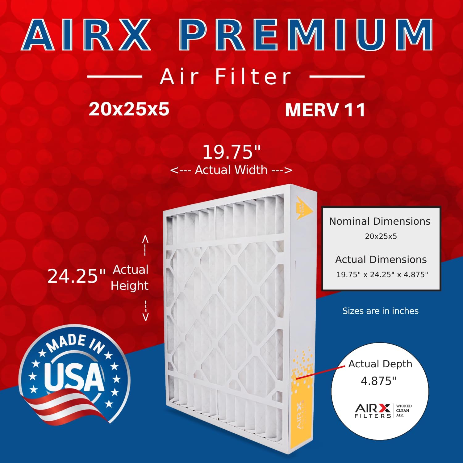 AIRX FILTERS WICKED CLEAN AIR. Filtro de aire 20x25x5 MERV 11 Compatible con controles de campo # 46568600 Filtro de horno MERV 11