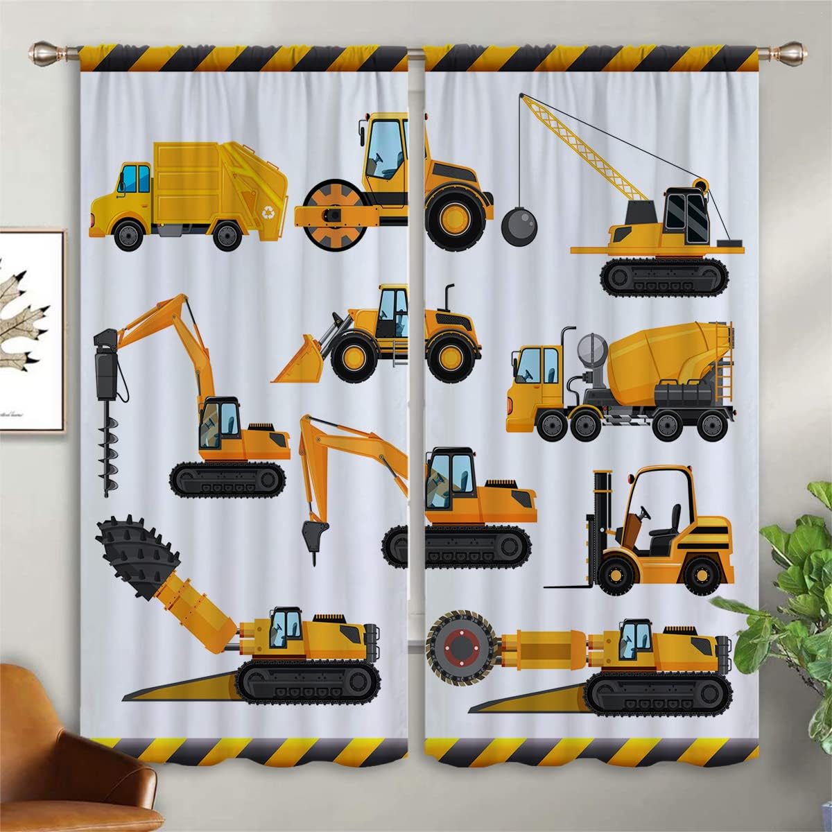 Cortinas opacas de construcción para niños y niñas, decoración de oscurecimiento de habitación, bulldozer de dibujos animados amarillos, tractor,