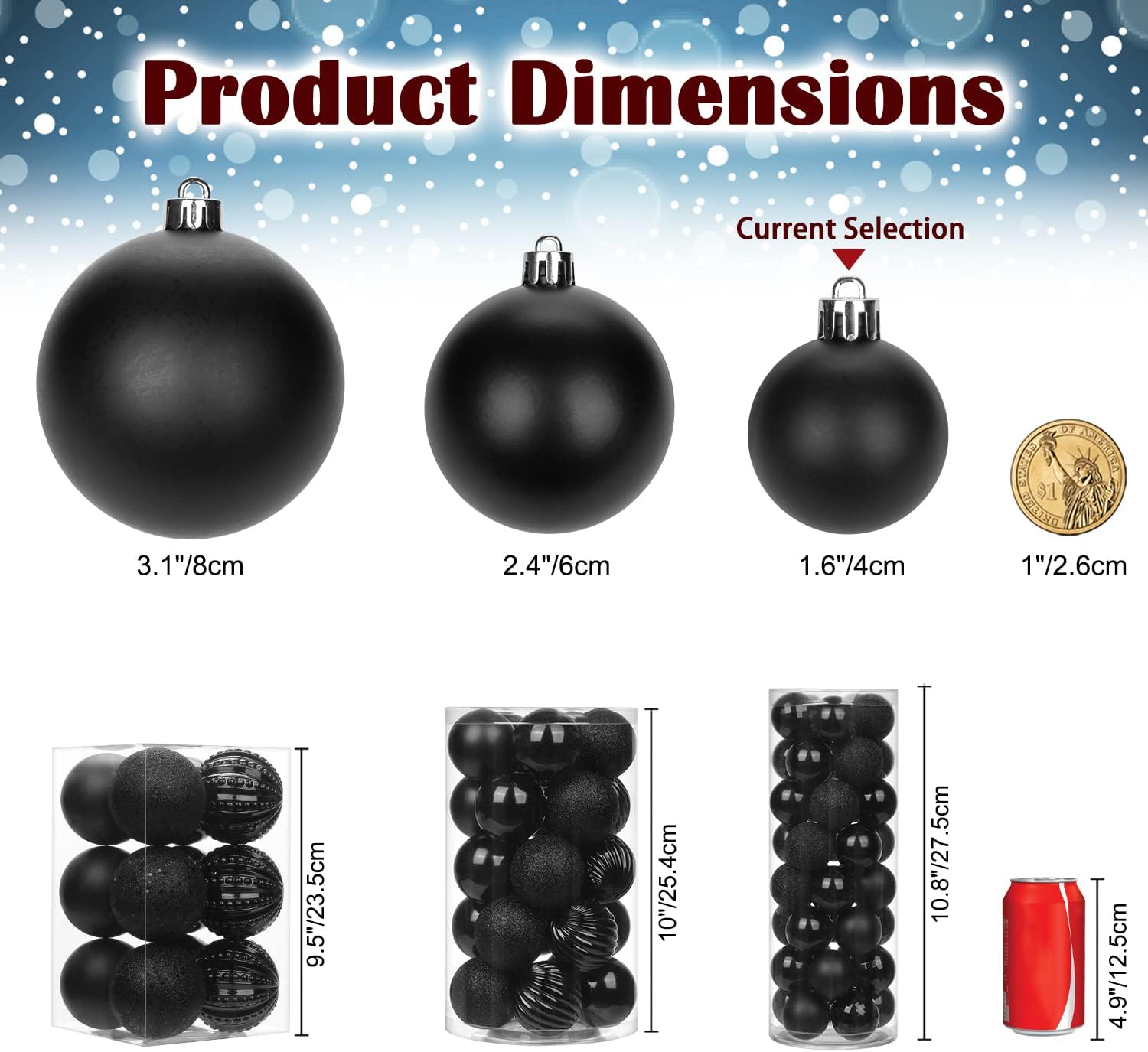 Adornos de bolas de Navidad negras de 1.57 pulgadas, 40 piezas inastillables, juego de adornos de bolas de Halloween, adornos negros para árbol de