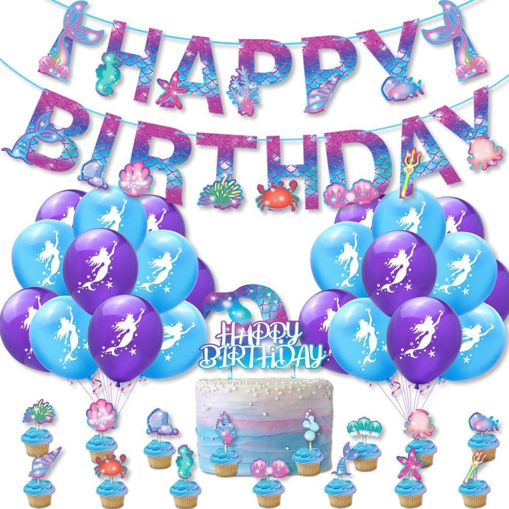 Decoraciones de cumpleaños de sirena, decoraciones de fiesta de sirena, suministros de fiesta de sirena, incluyendo globo de sirena, bandera,