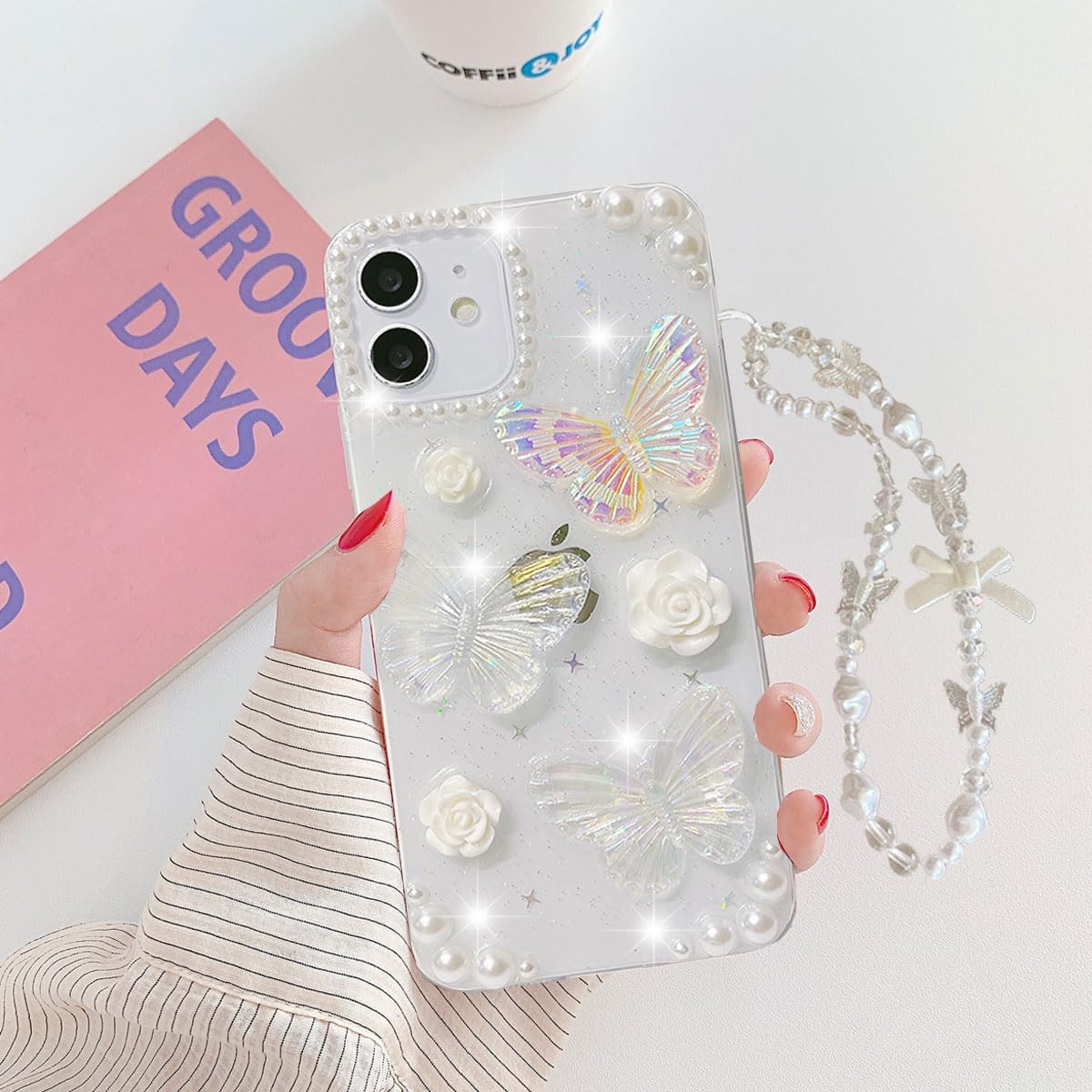 Funda transparente con purpurina para iPhone 15, bonita funda de silicona suave para mujeres y niñas, diseño de mariposas 3D, con perlas de cristal,