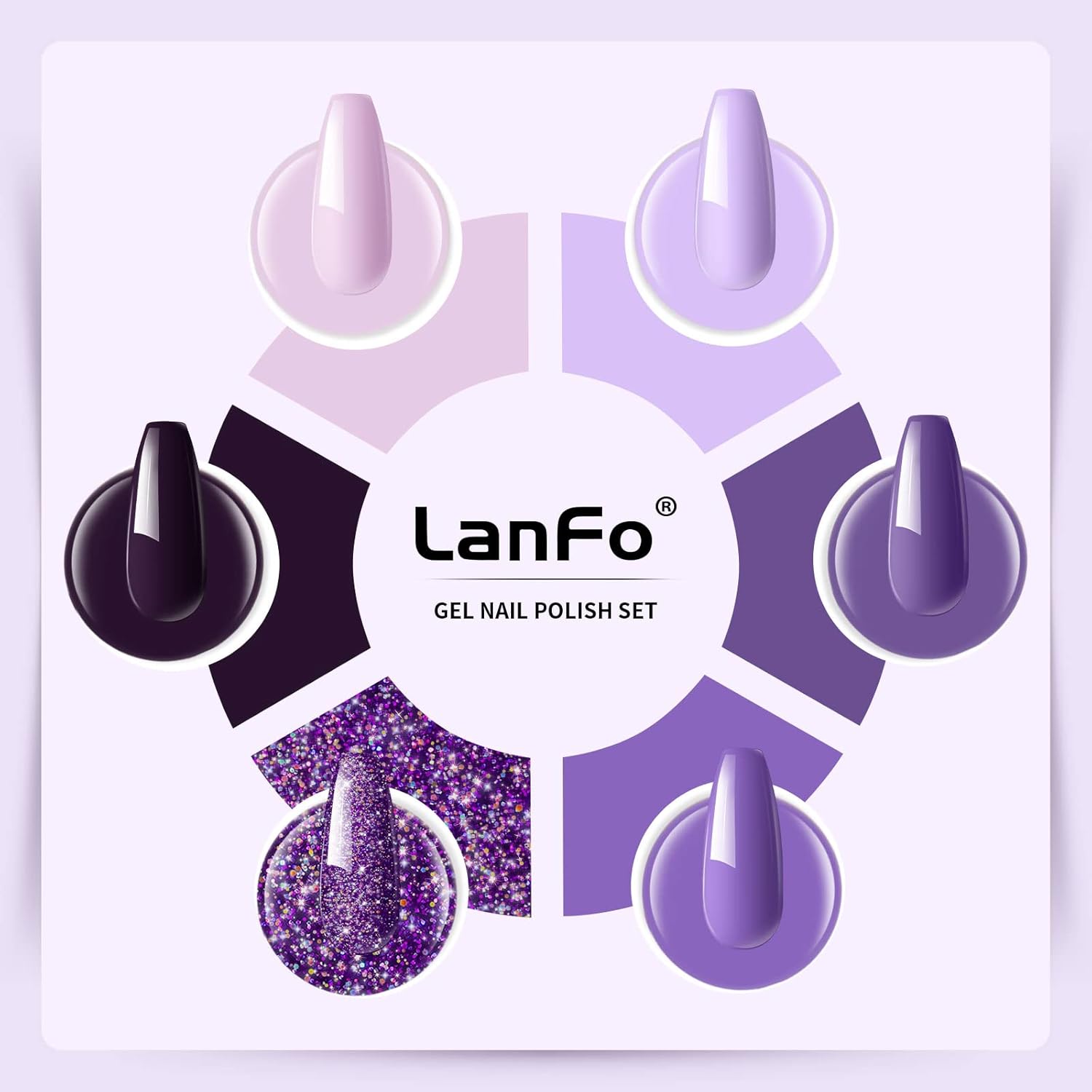 LanFo Juego de esmaltes de uñas de gel con purpurina morada, juego de 6 colores de esmalte de uñas de gel morado, esmalte de uñas de gel UV LED para
