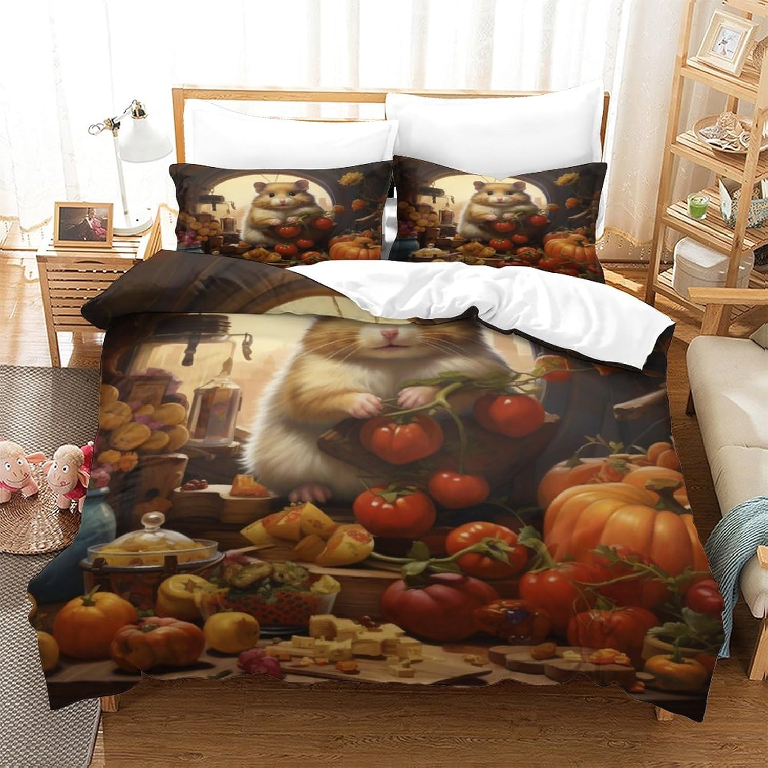 Lindo edredón de cama de hámster travieso juego de edredón de animales del bosque de hámster travieso, diseño de gatos y perros, edredón de cama