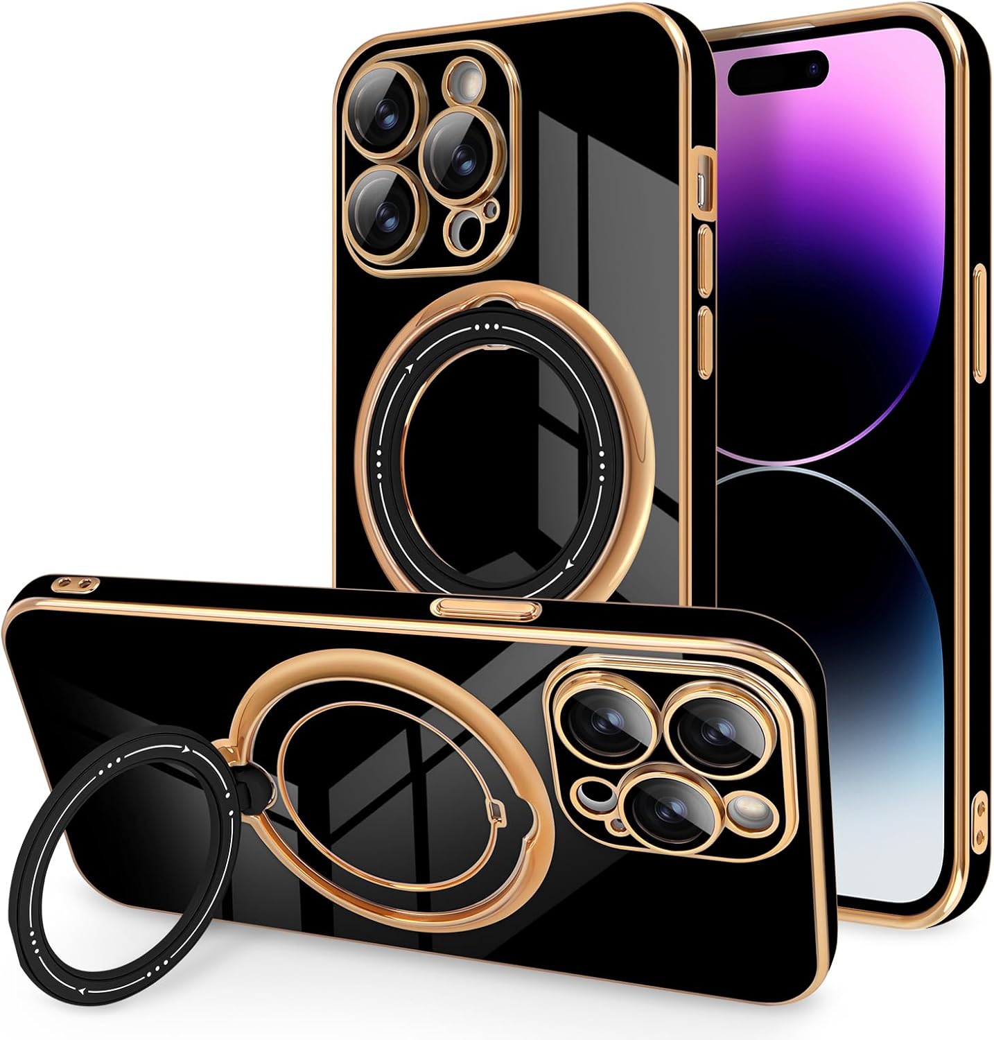 Newseego Funda para iPhone 14 Pro Max, funda de lujo con borde chapado con soporte magnético giratorio de 360 invisible para mujeres, niñas y