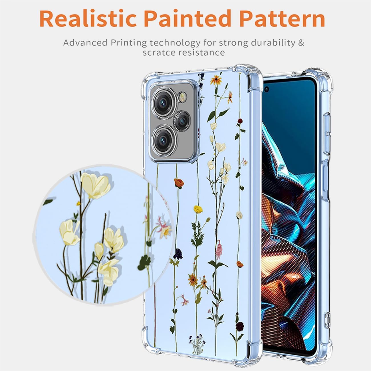 Funda para teléfono Redmi Note 12 Pro Speed, Poco X5 Pro 22101320G con protector de pantalla, funda transparente con patrones de jardín de flores,