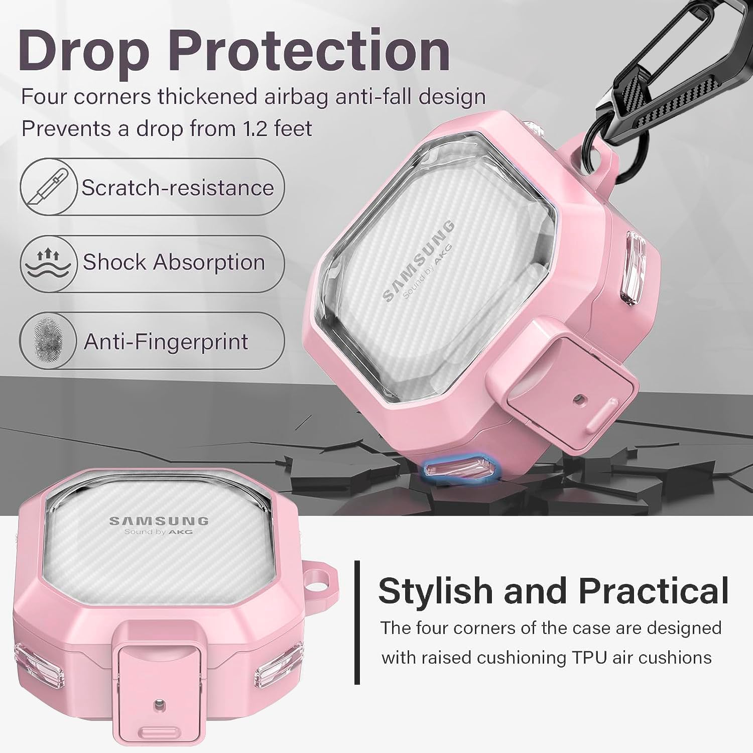 (con bloqueo seguro) Funda transparente de fibra de carbono para Samsung Galaxy Buds FE (2023) Galaxy Buds 2 Pro (2022)Galaxy Buds Pro (2021)Galaxy