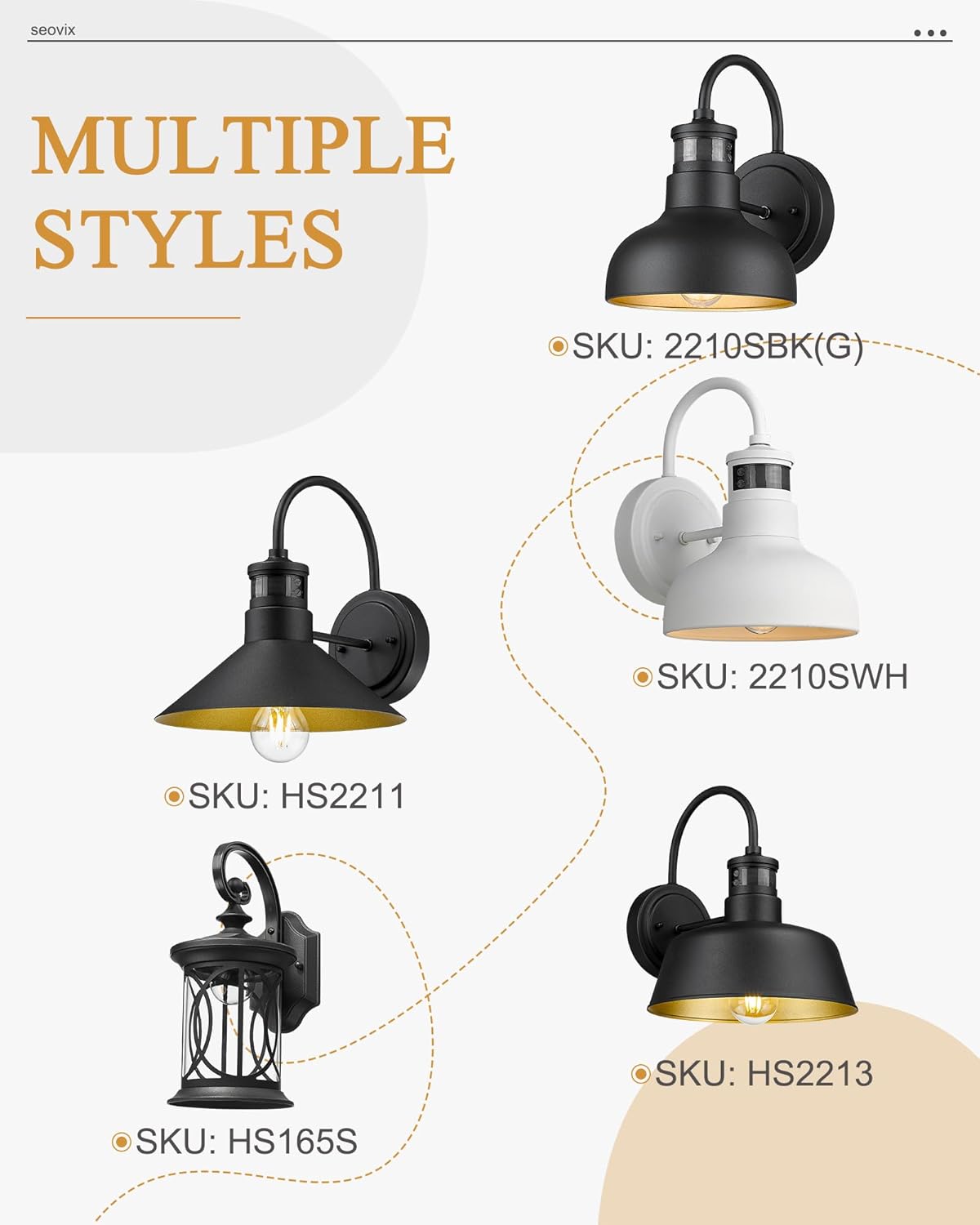 Seovix HS2213-2 – Luz de porche de 12 pulgadas, con sensor de movimiento negro mate, IP65, impermeable, cuello de cisne, luz de granero para casa,
