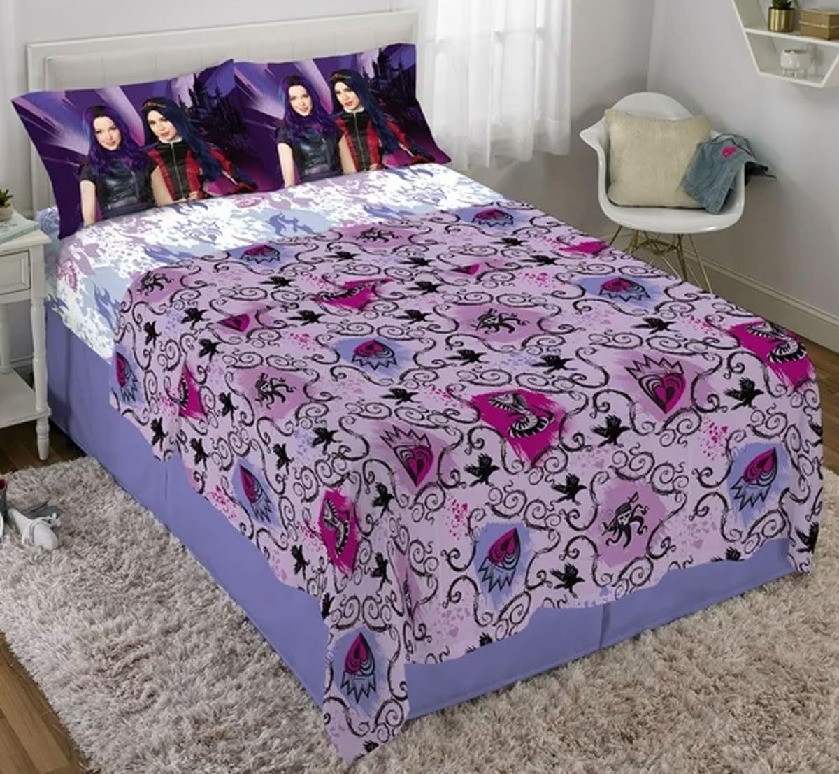Disney Descendants – Juego de edredón y sábanas de 3 a 5 piezas, tamaño matrimonial