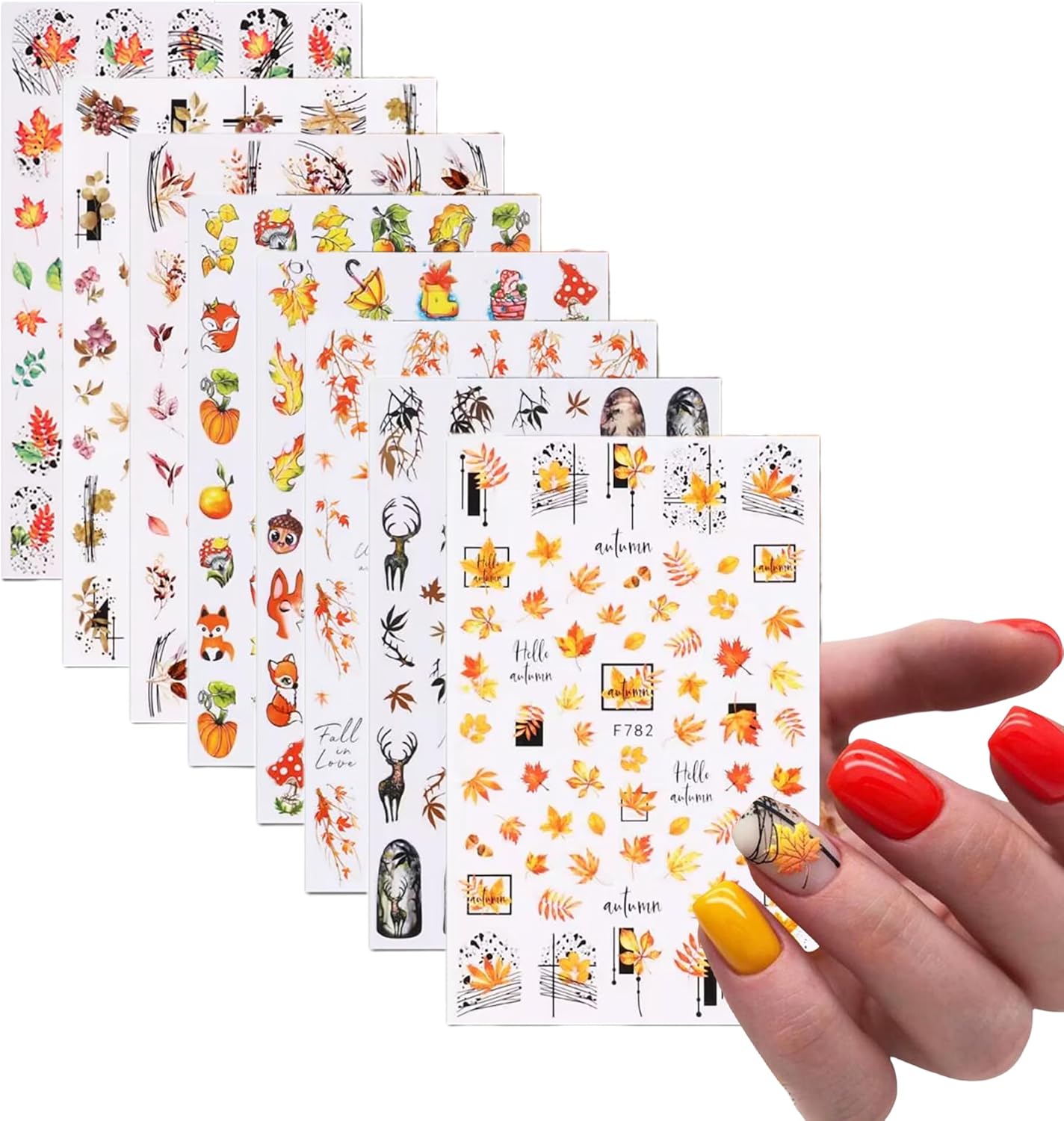 8 hojas de calcomanías de uñas navideñas autoadhesivas 3D, suministros de uñas de temporada, diseño de zorro, alce, hoja de arce, calabaza, diseño