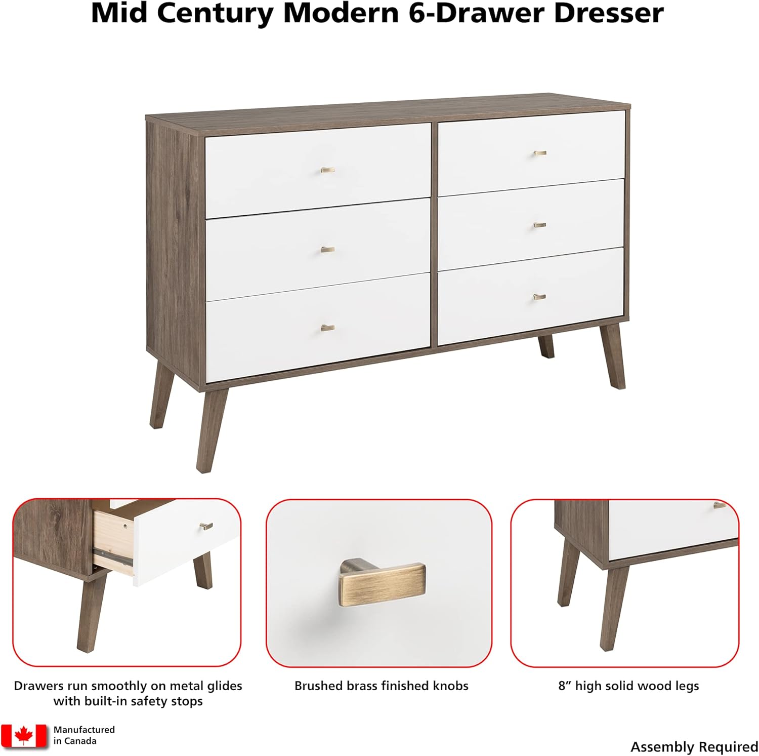 Prepac – Cómoda Milo Mid Century Modern, 6 cajones, multicolor