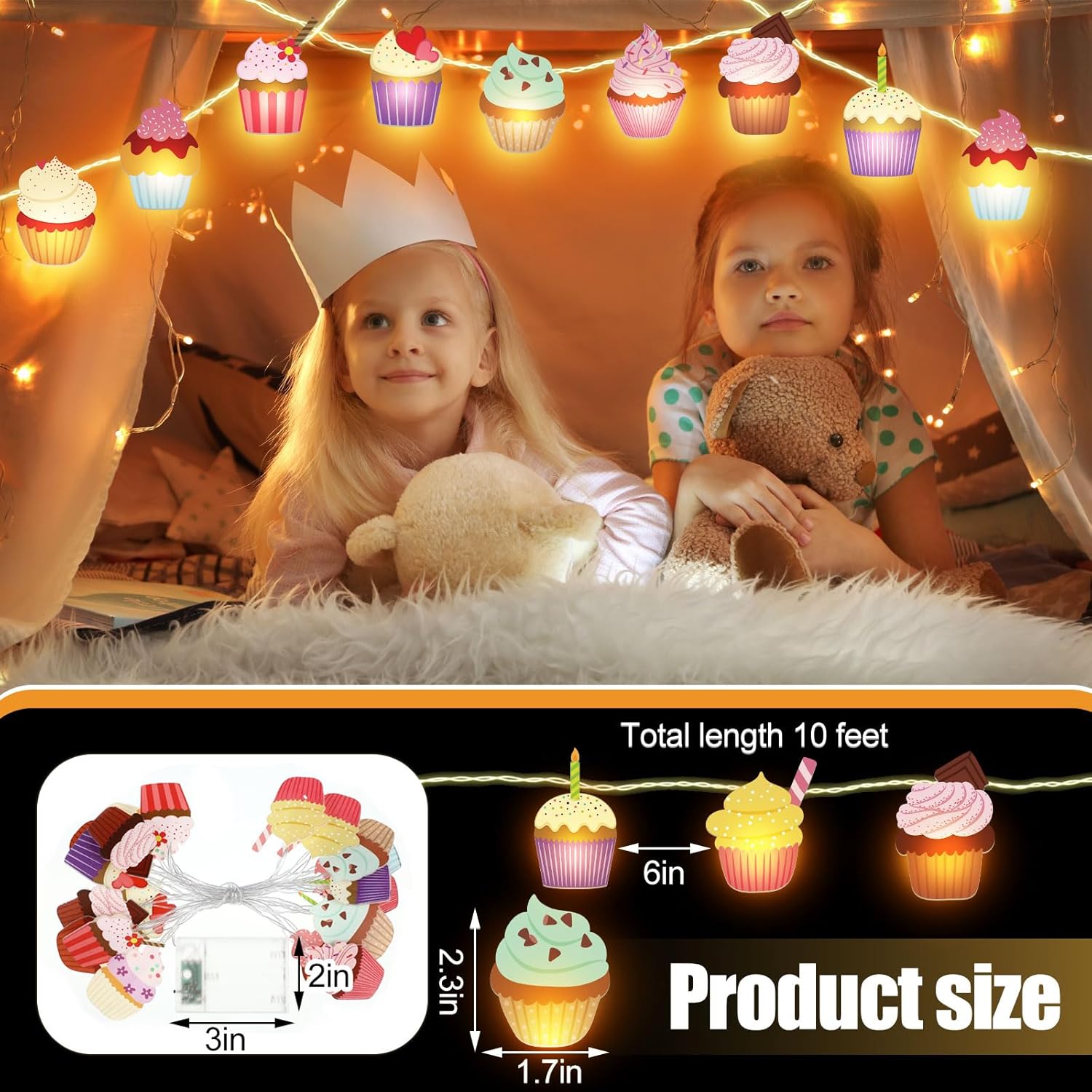 Guirnalda de luces para cupcakes, regalos de cupcakes, guirnalda de luces para decoración de bodas, fiestas de cumpleaños, 20 LED, 10 pies, funciona