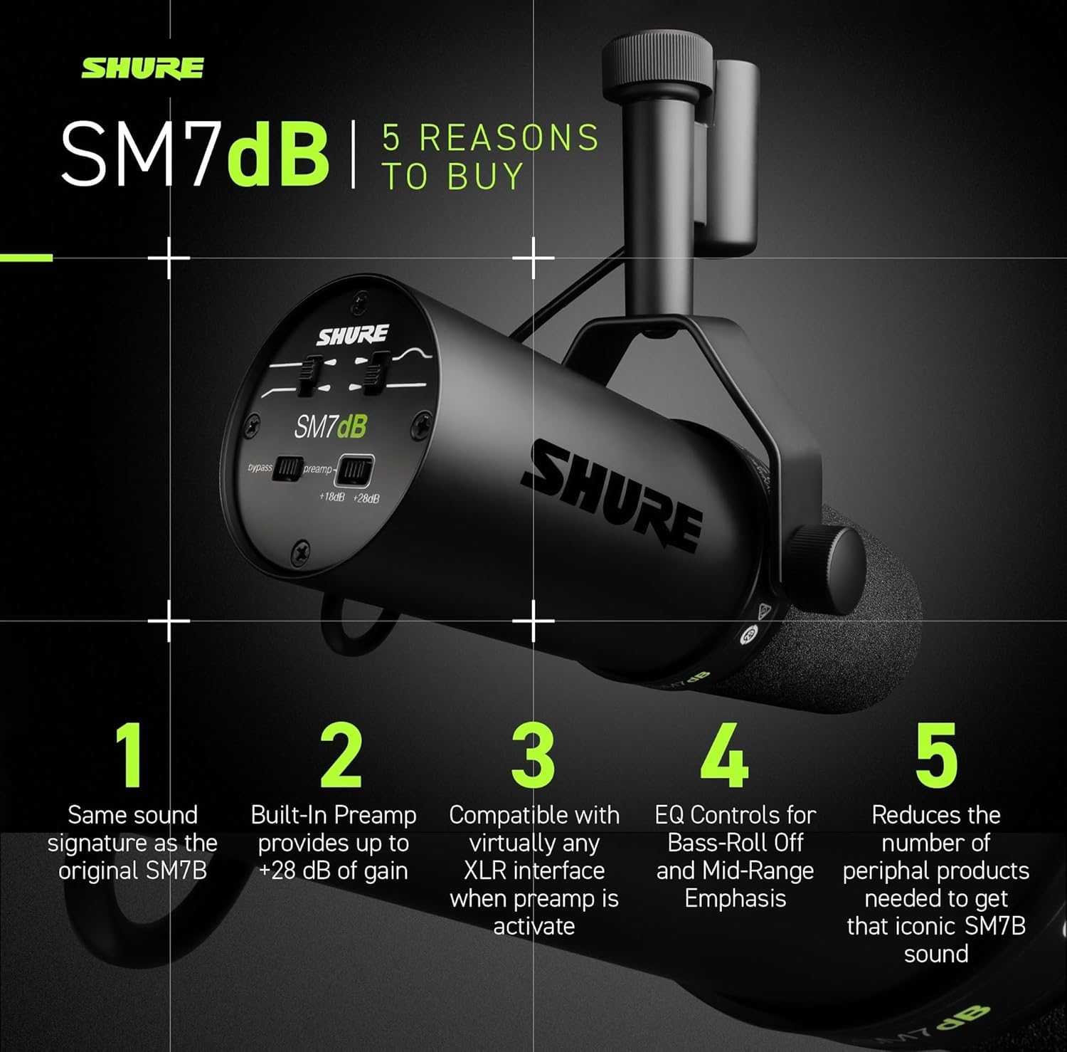 Shure SM7dB Micrófono vocal dinámico con preamplificador integrado para transmisión, podcast y grabación, frecuencia de amplio alcance, sonido