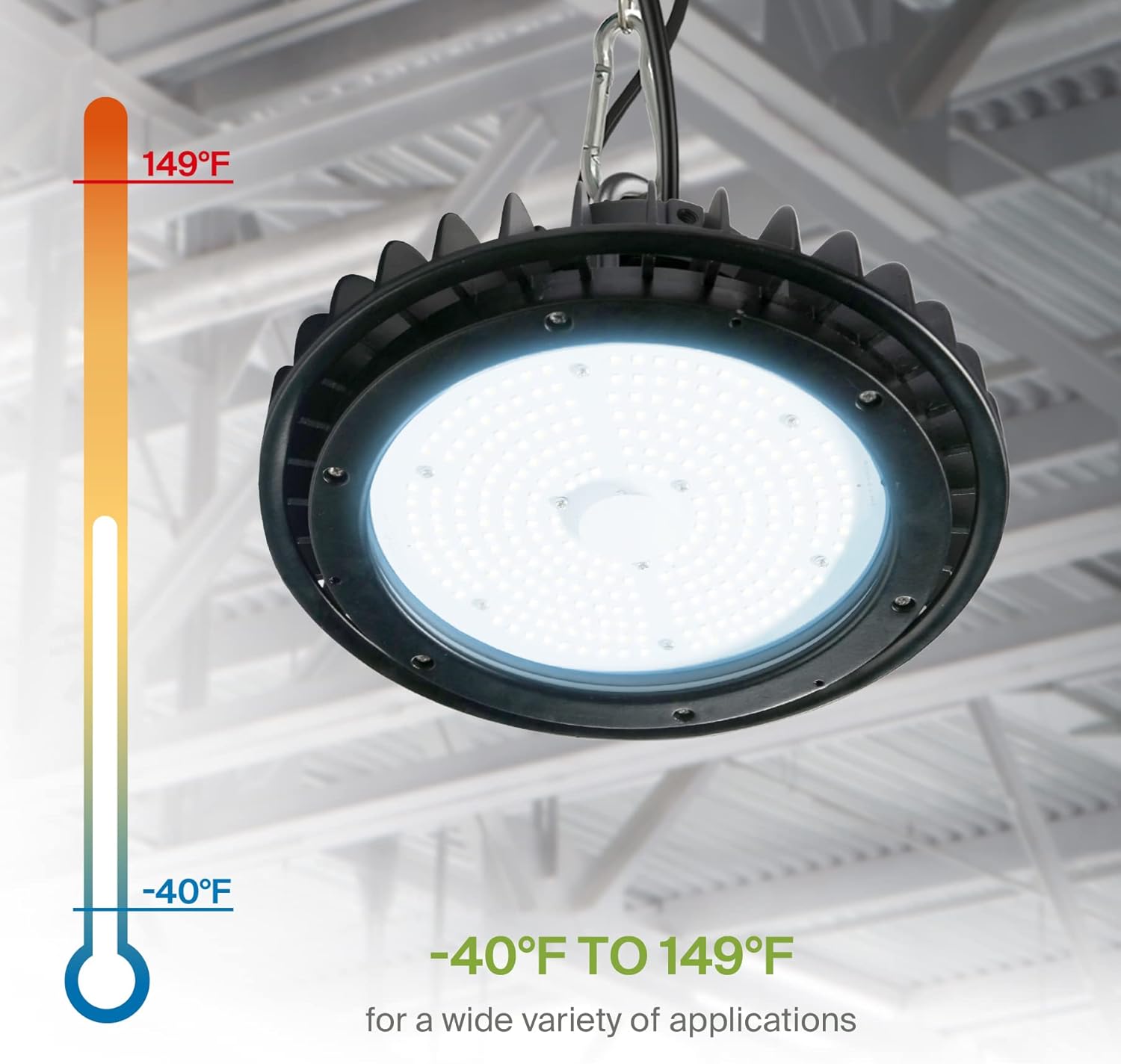 ASD UFO LED High Bay Light 150w 19,479lm 5000K, 1-10V regulable, 120-277V, luz de área de almacén comercial impermeable IP69K Eqw.500W MHHPS, cuerda