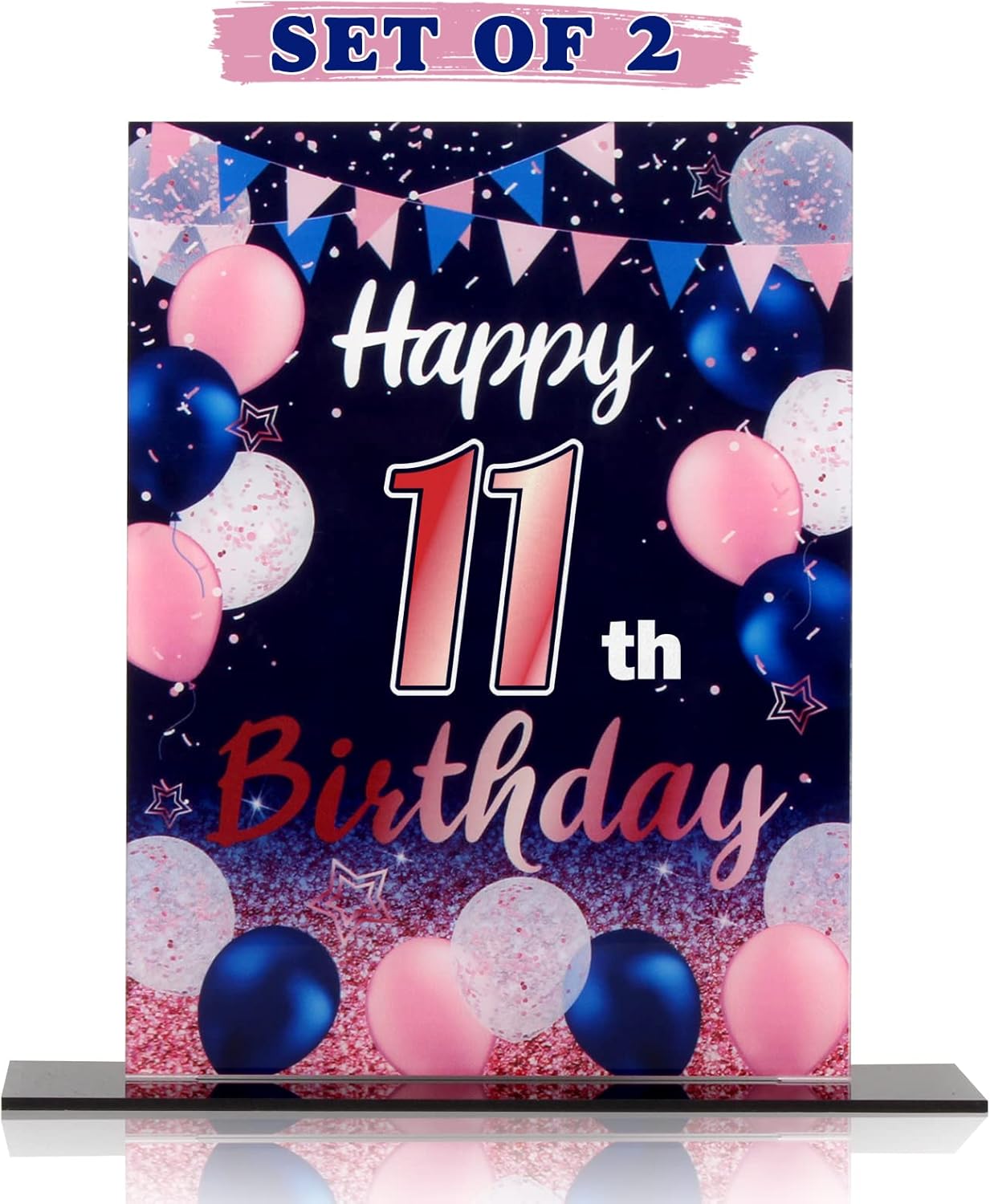 LINGTEER Centros de mesa acrílicos con globos de color azul marino y rosa con texto en inglés “Happy 11th Birthday”, 2 unidades de decoración de