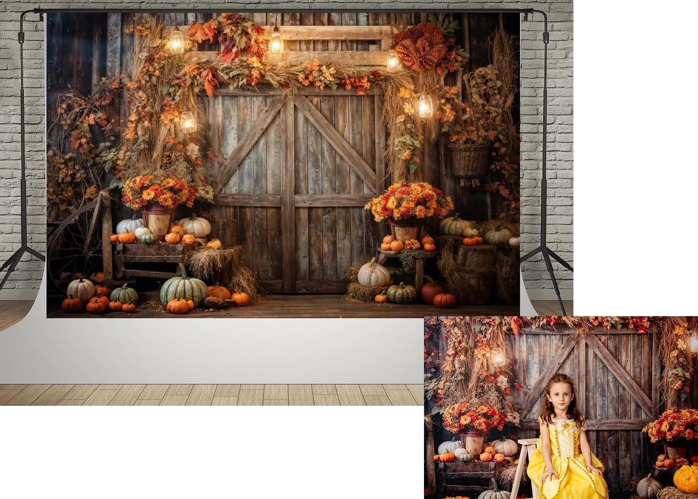 Kate Decoración de calabaza de granja de Acción de Gracias de 7 x 5 pies, fondos de fotografía de madera rústica, otoño, flores amarillas, hojas,
